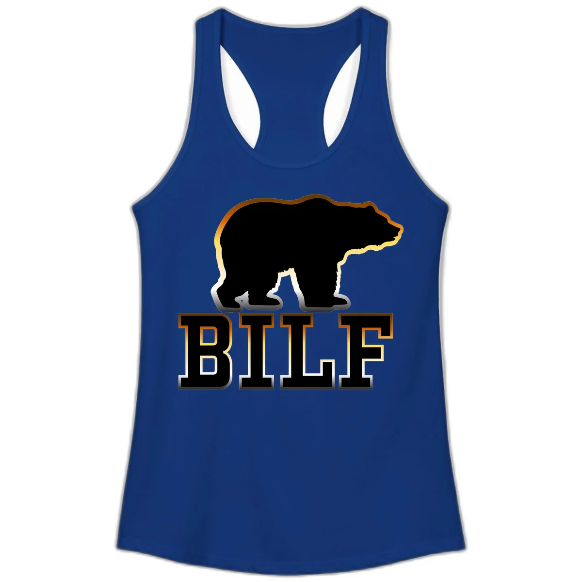Black bear silhouette with golden outline above the word BITE in bold lettering on gray background in Solid Royal