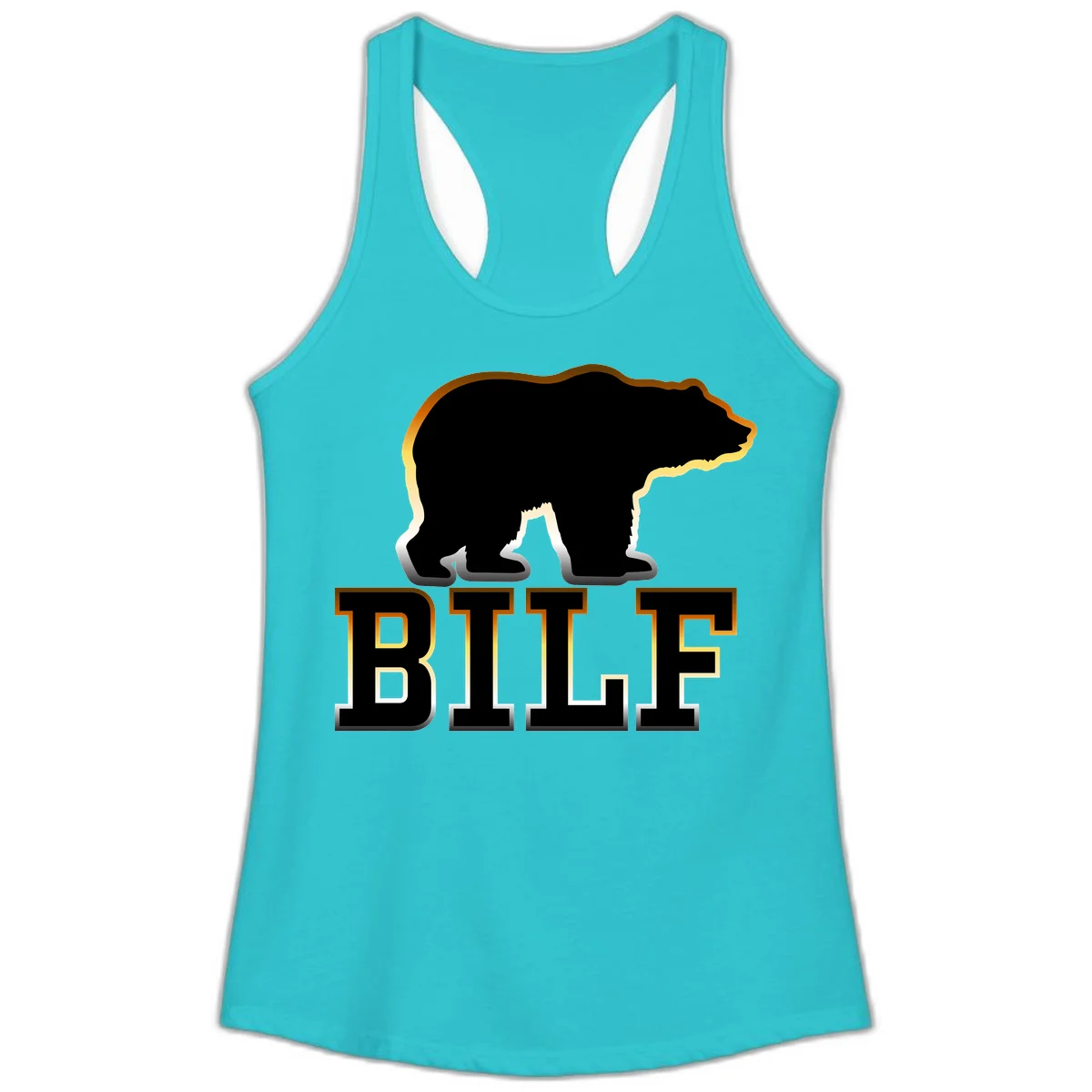 Black bear silhouette with golden outline above the word BITE in bold lettering on gray background in Solid Tahiti Blue