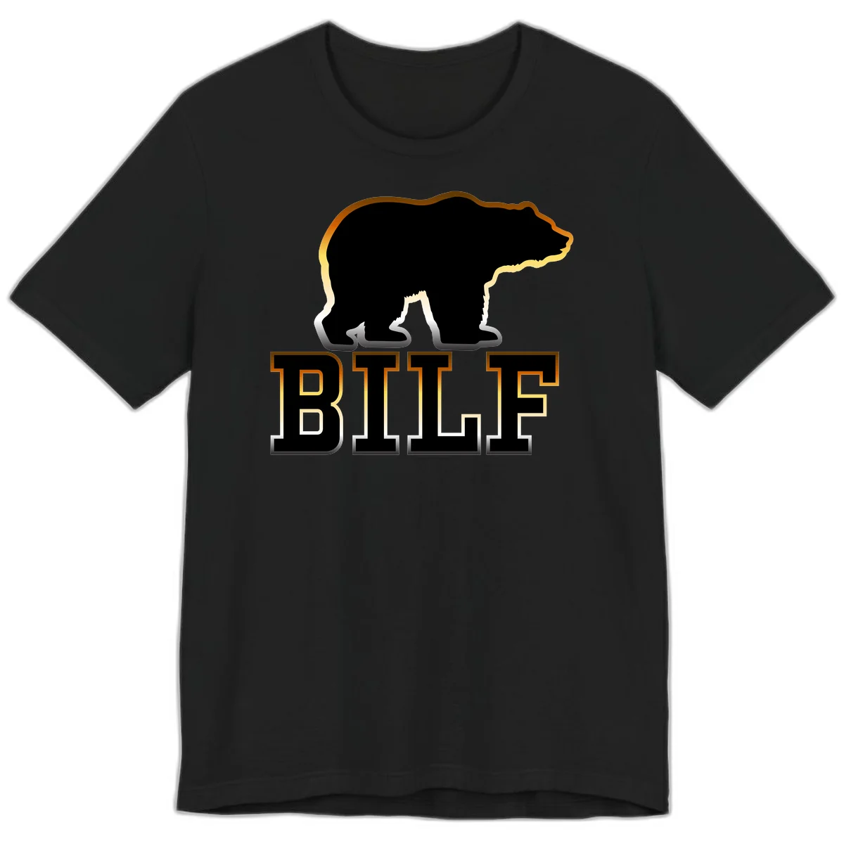 Black bear silhouette with golden outline above the word BITE in bold lettering on gray background in Black