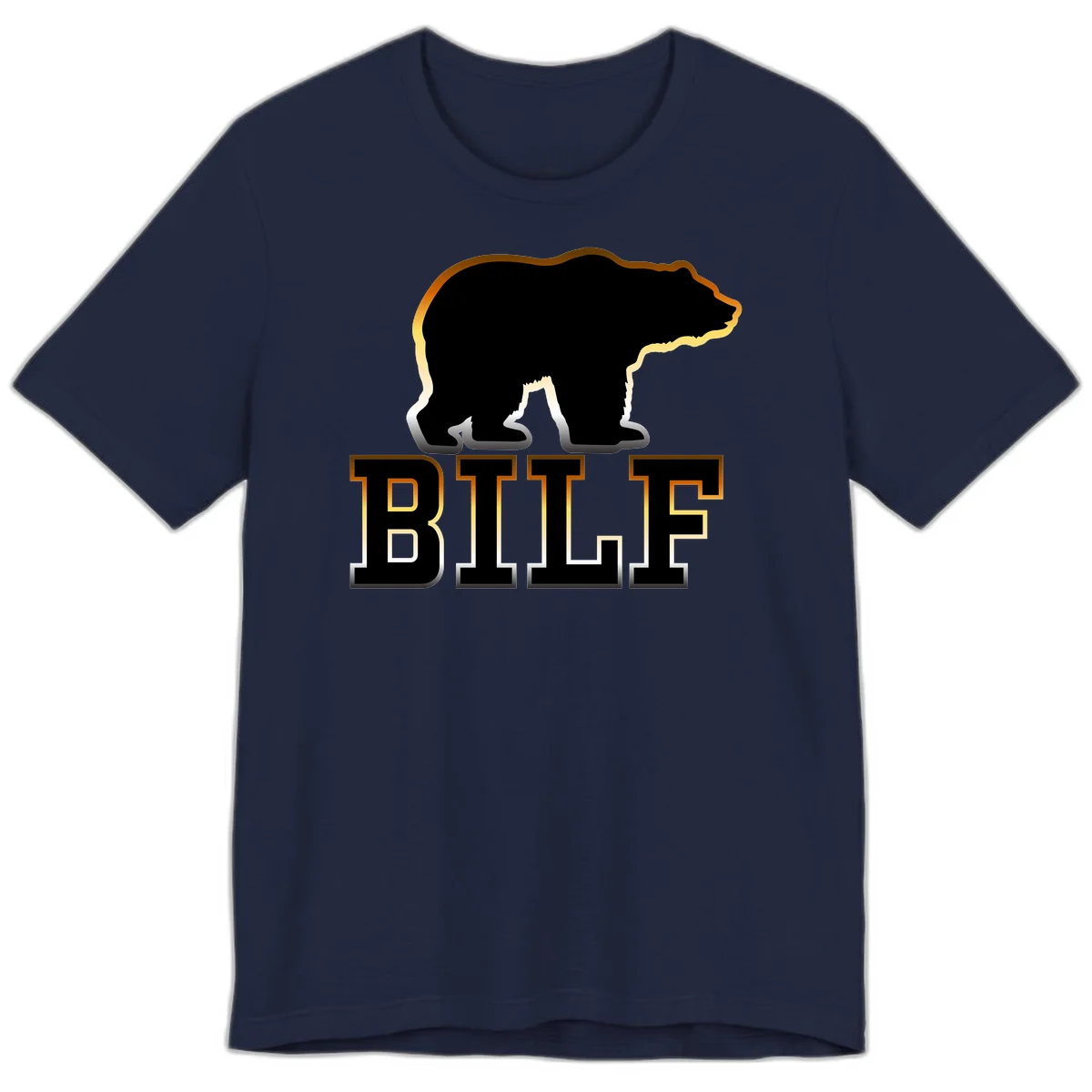 Black bear silhouette with golden outline above the word BITE in bold lettering on gray background in Navy