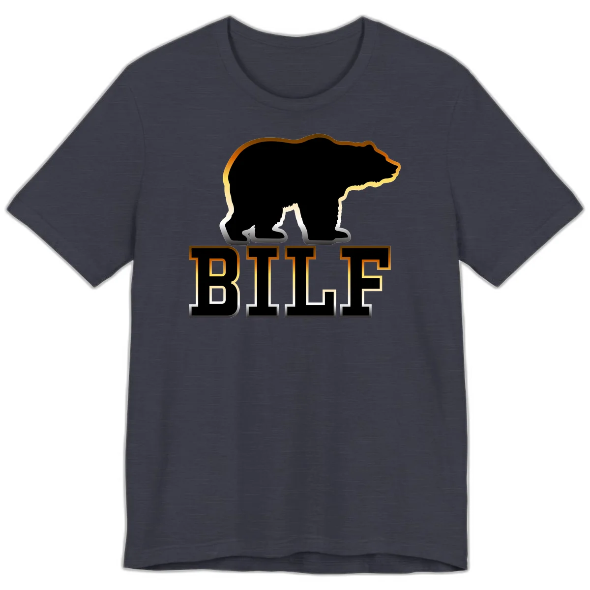 Black bear silhouette with golden outline above the word BITE in bold lettering on gray background in Heather Midnight Navy