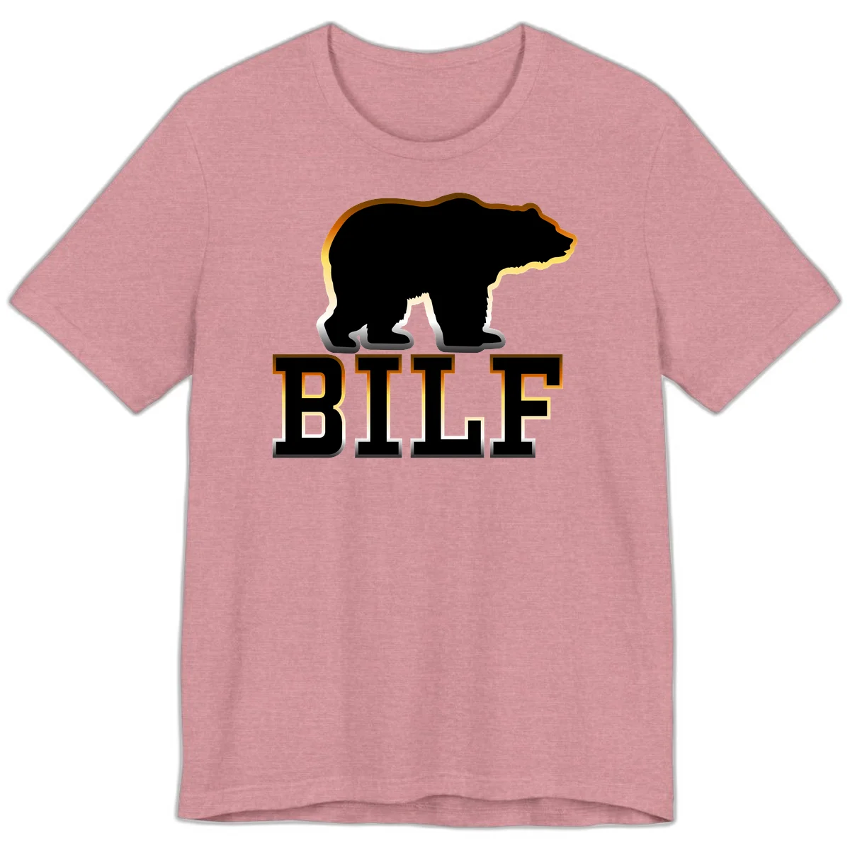 Black bear silhouette with golden outline above the word BITE in bold lettering on gray background in Heather Orchid