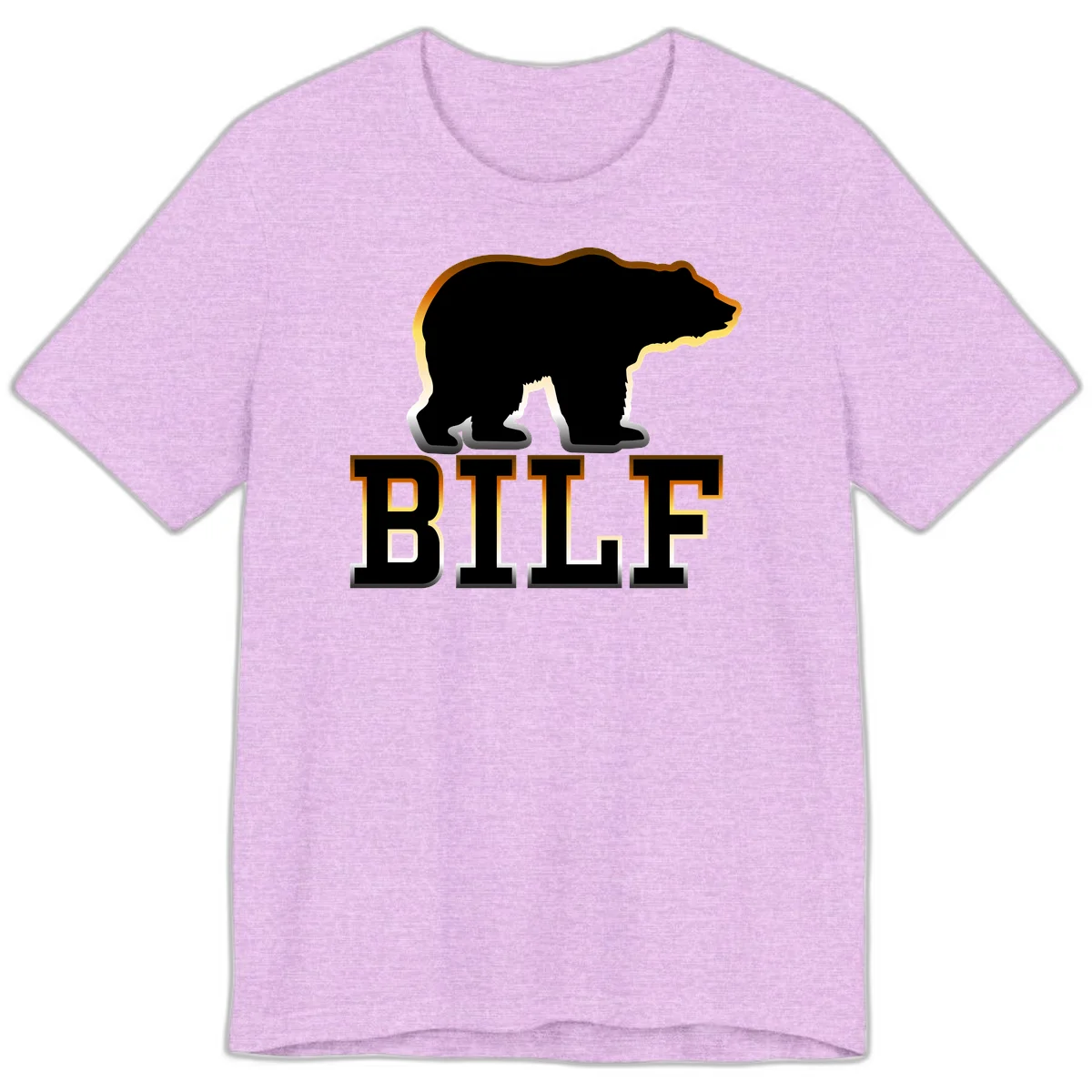 Black bear silhouette with golden outline above the word BITE in bold lettering on gray background in Heather Prism Lilac