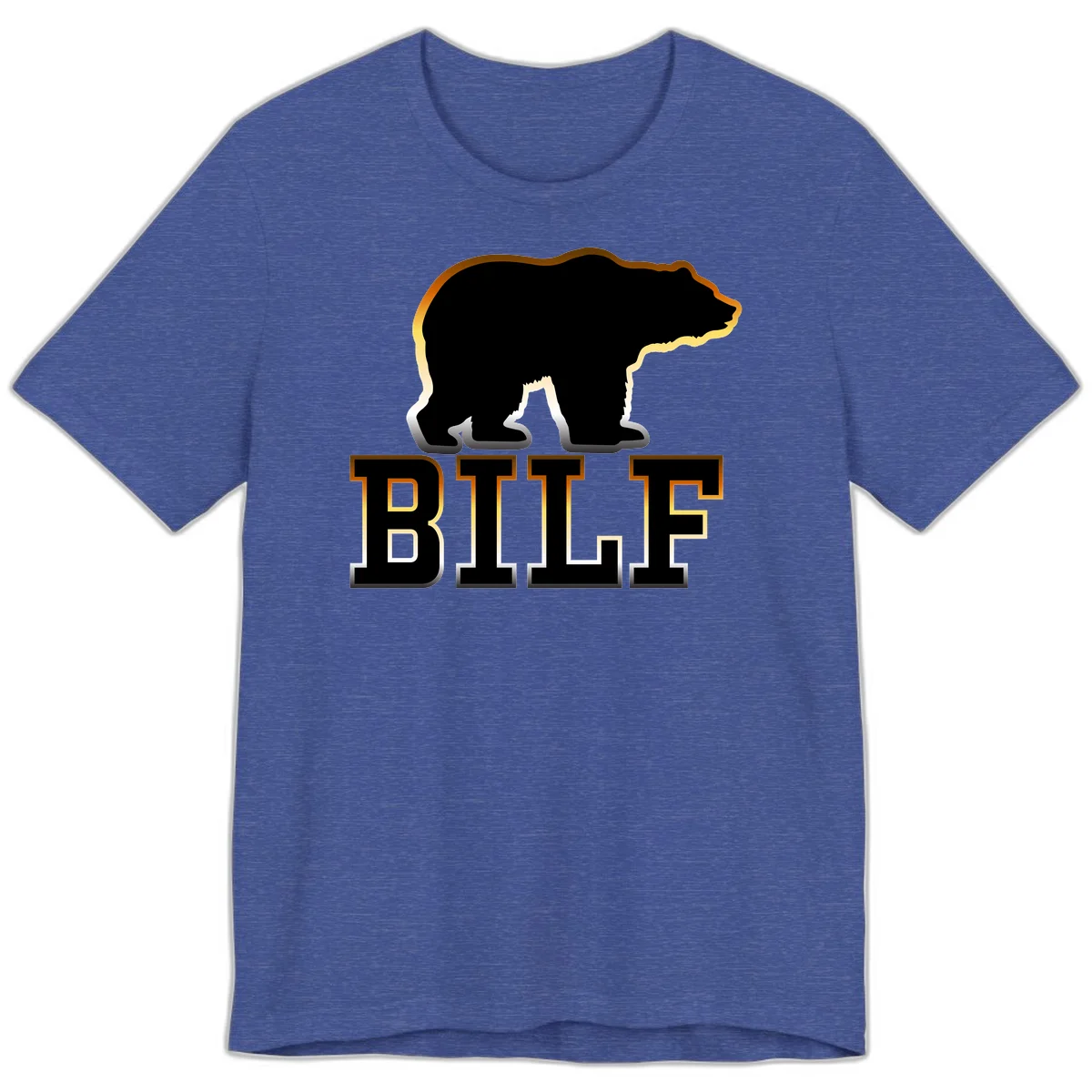 Black bear silhouette with golden outline above the word BITE in bold lettering on gray background in Heather True Royal