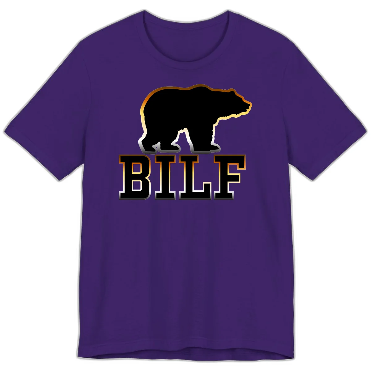 Black bear silhouette with golden outline above the word BITE in bold lettering on gray background in Team Purple