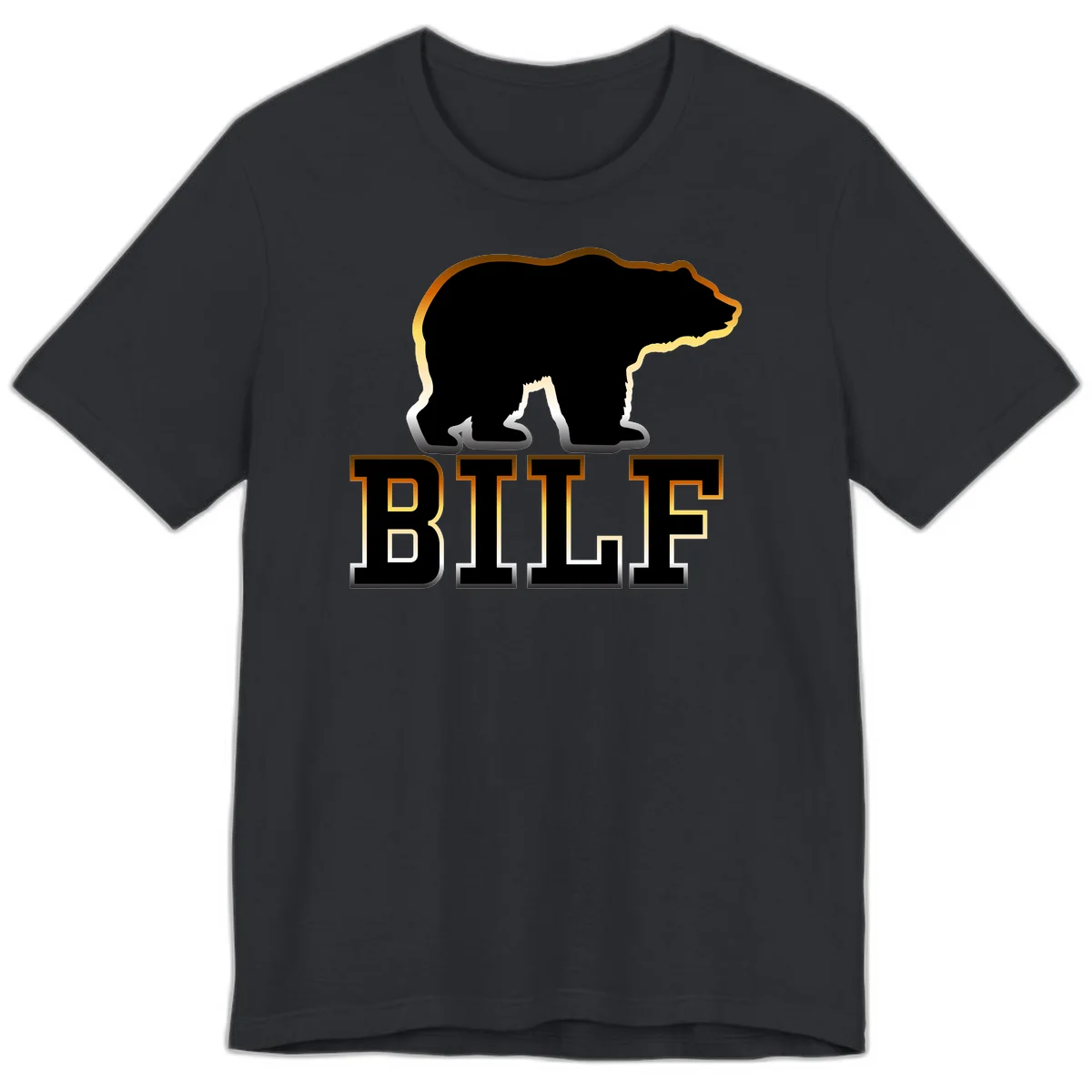 Black bear silhouette with golden outline above the word BITE in bold lettering on gray background in Vintage Black