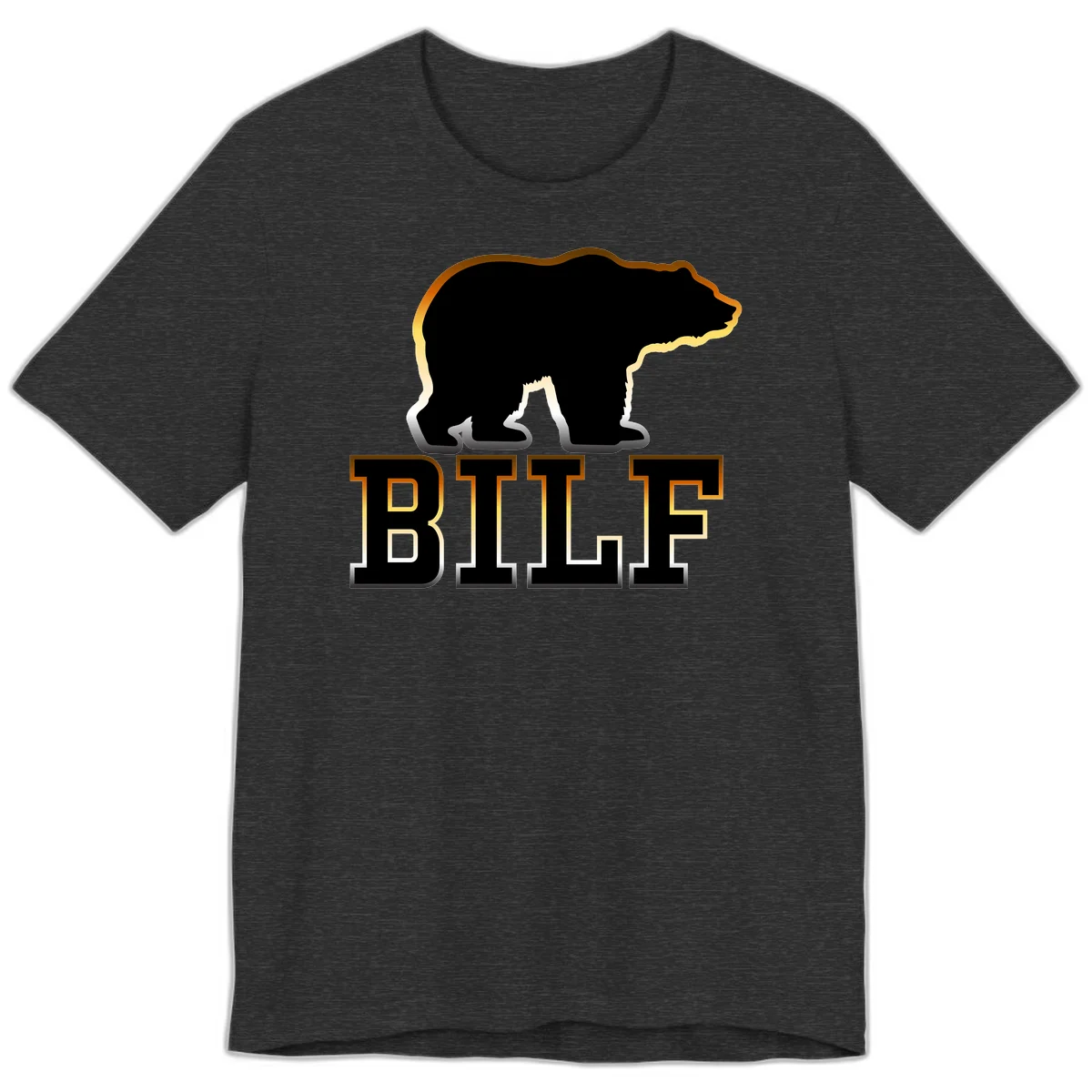 Black bear silhouette with golden outline above the word BITE in bold lettering on gray background in Dark Grey Heather