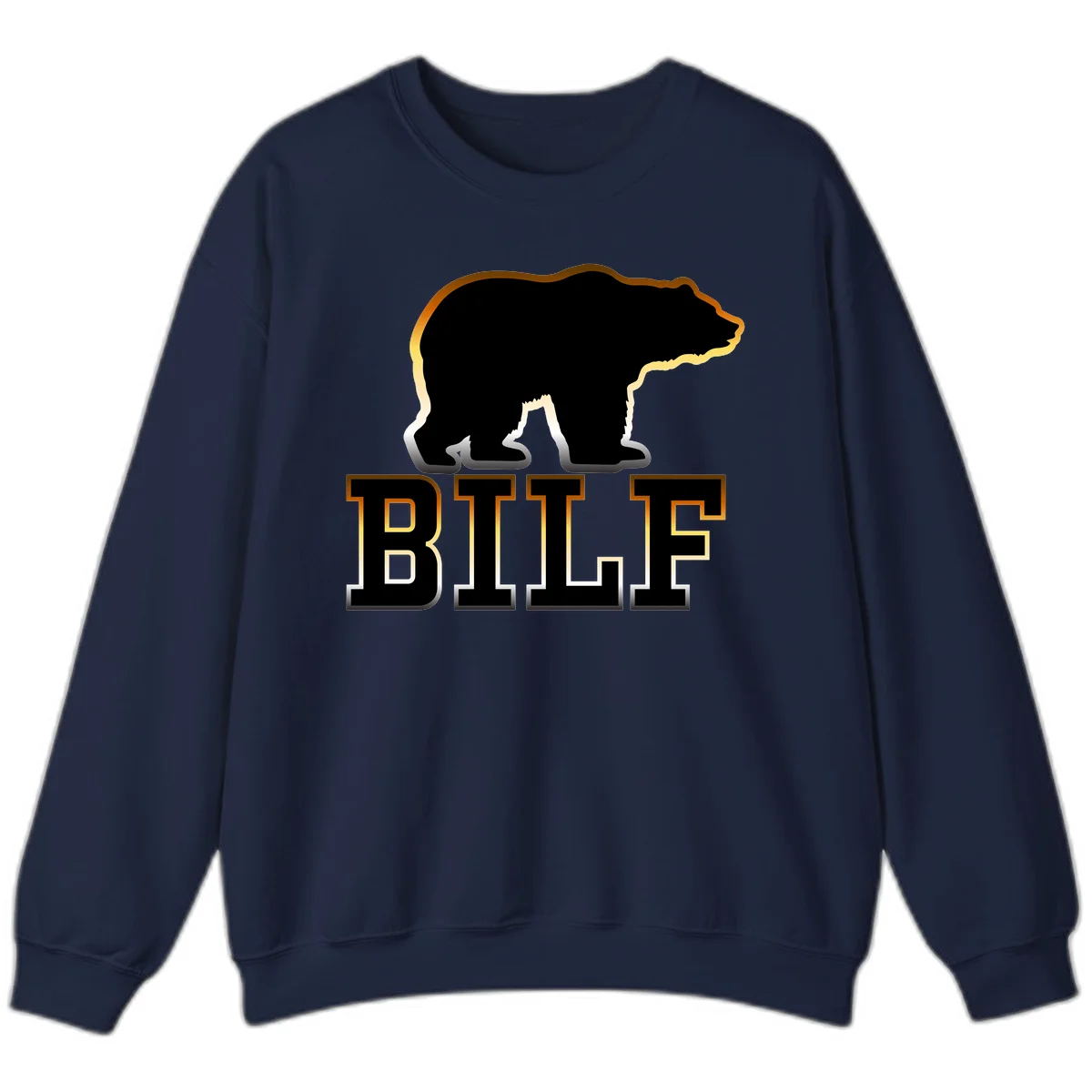 Black bear silhouette with golden outline above the word BITE in bold lettering on gray background in Navy