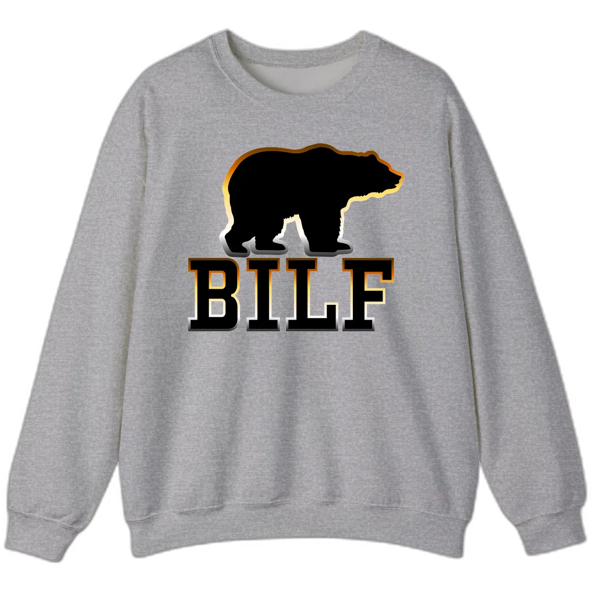 Black bear silhouette with golden outline above the word BITE in bold lettering on gray background in Sport Grey