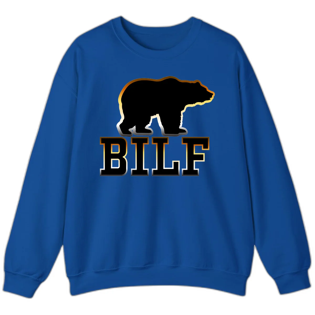 Black bear silhouette with golden outline above the word BITE in bold lettering on gray background in Royal