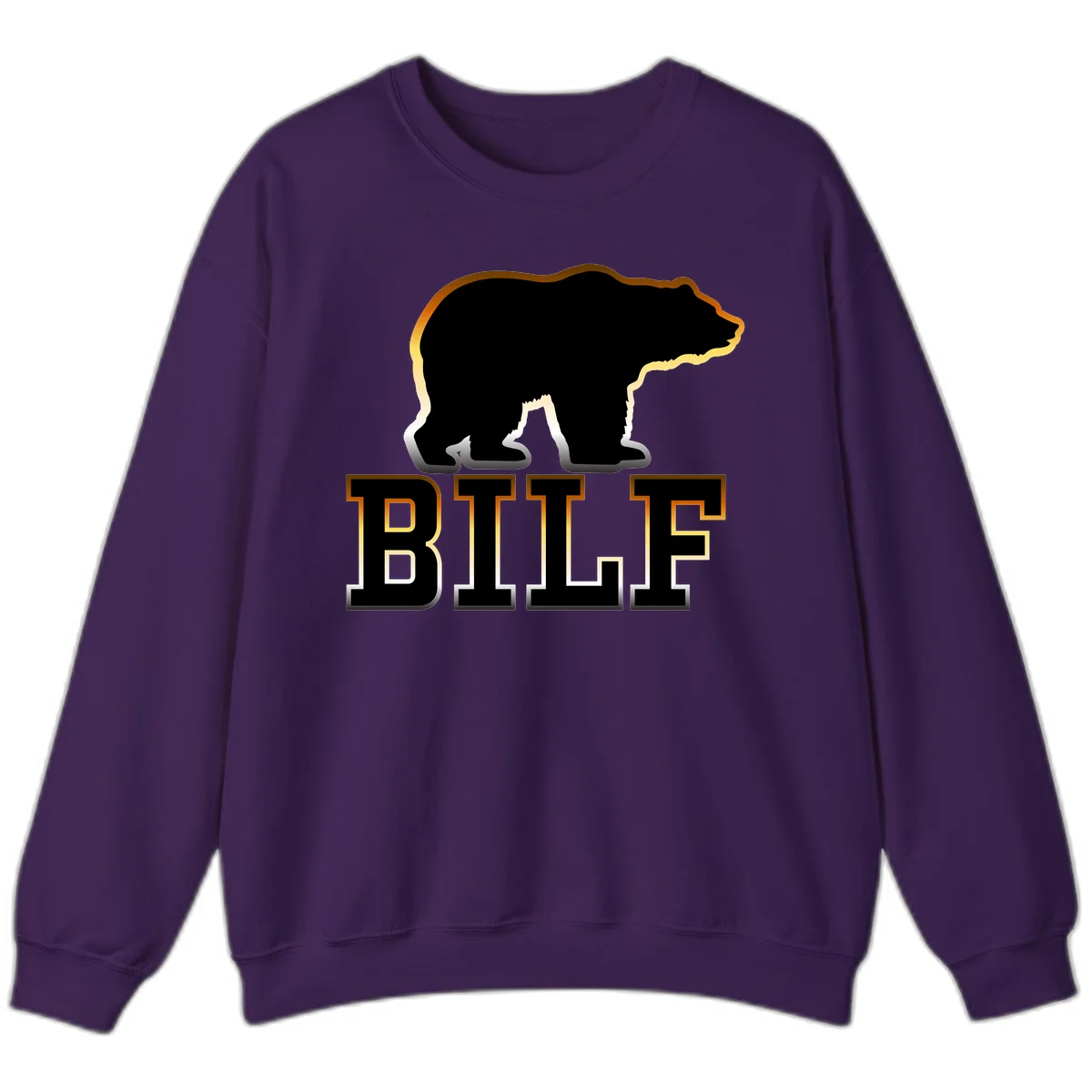 Black bear silhouette with golden outline above the word BITE in bold lettering on gray background in Purple