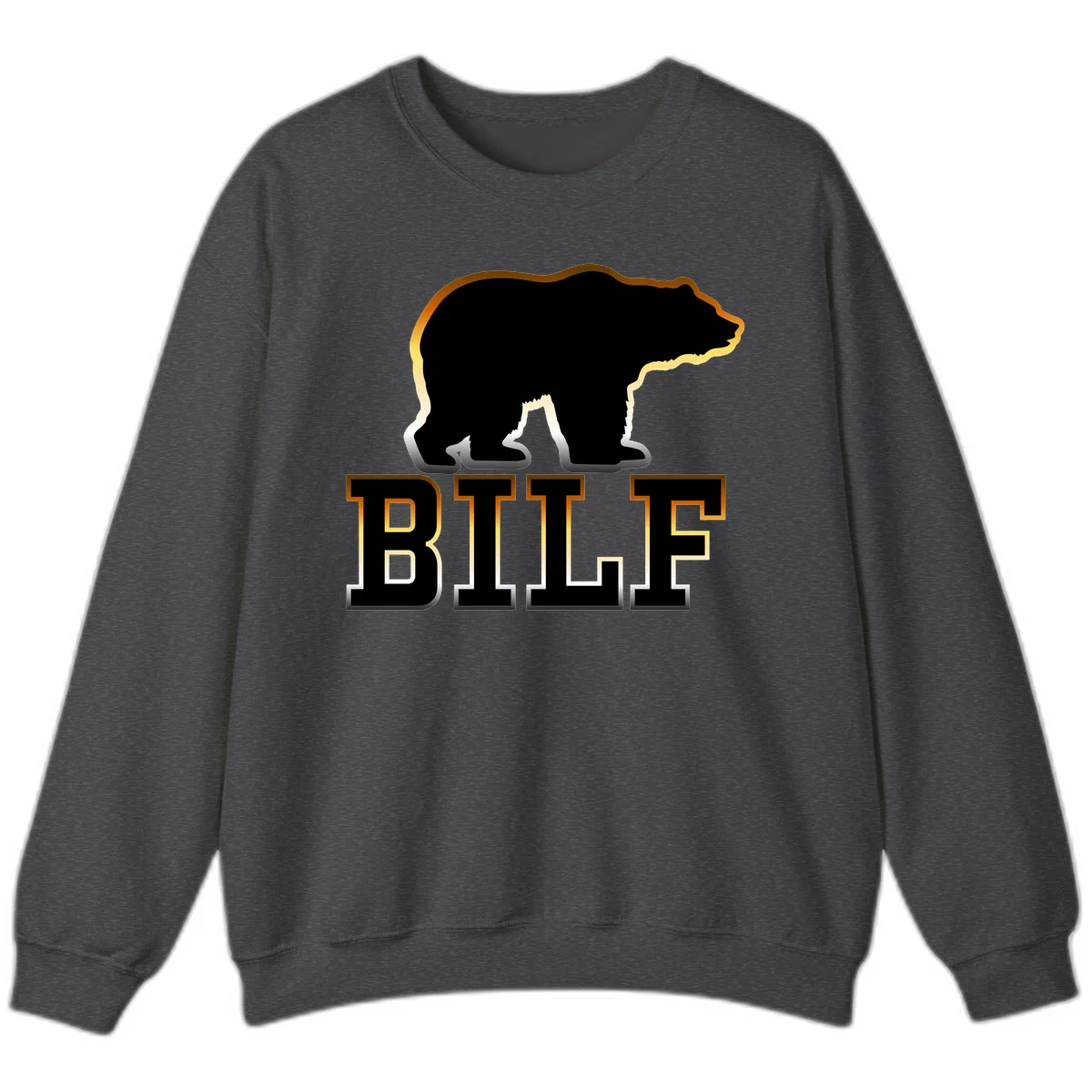 Black bear silhouette with golden outline above the word BITE in bold lettering on gray background in Dark Heather