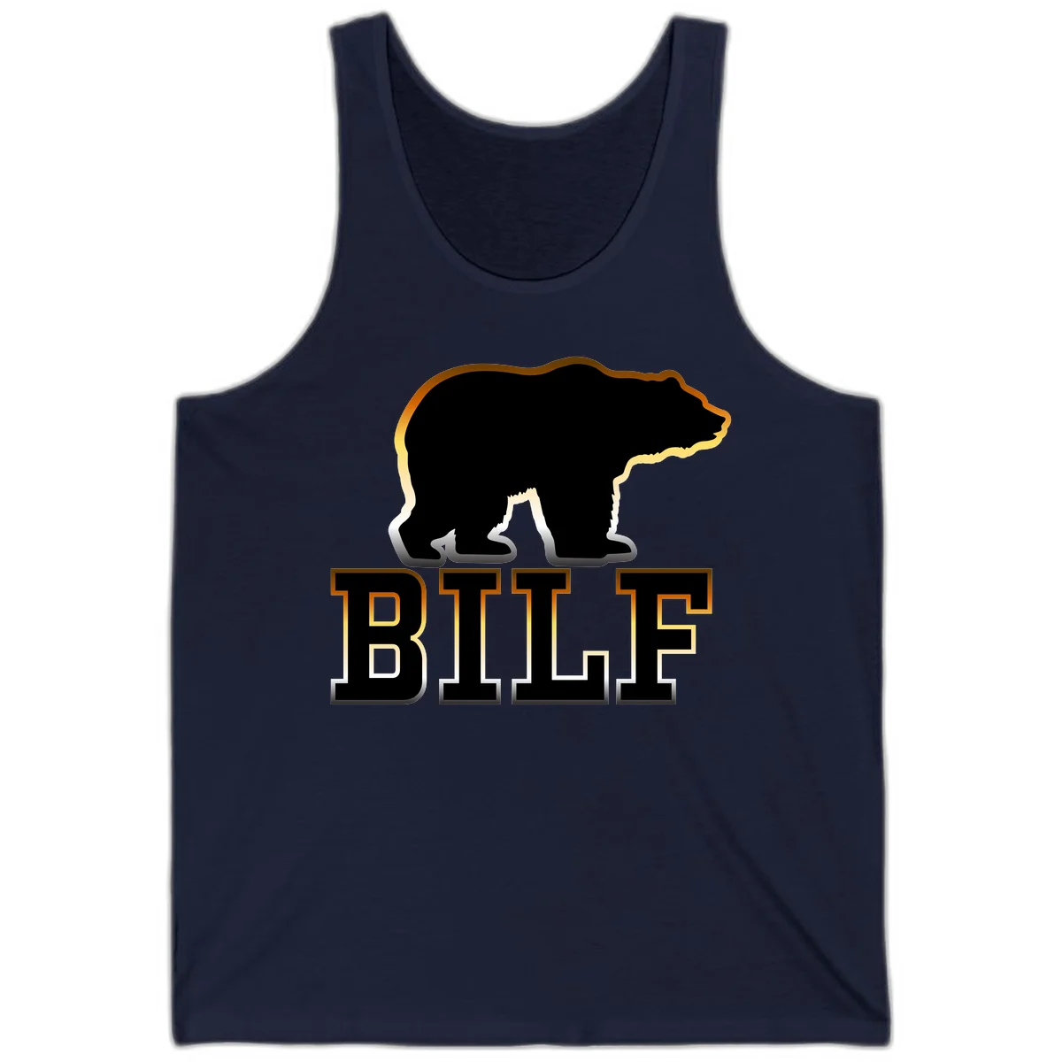 Black bear silhouette with golden outline above the word BITE in bold lettering on gray background in Navy