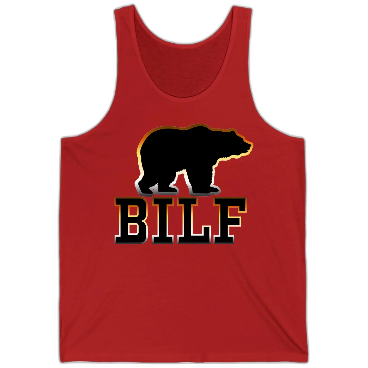Black bear silhouette with golden outline above the word BITE in bold lettering on gray background in Red