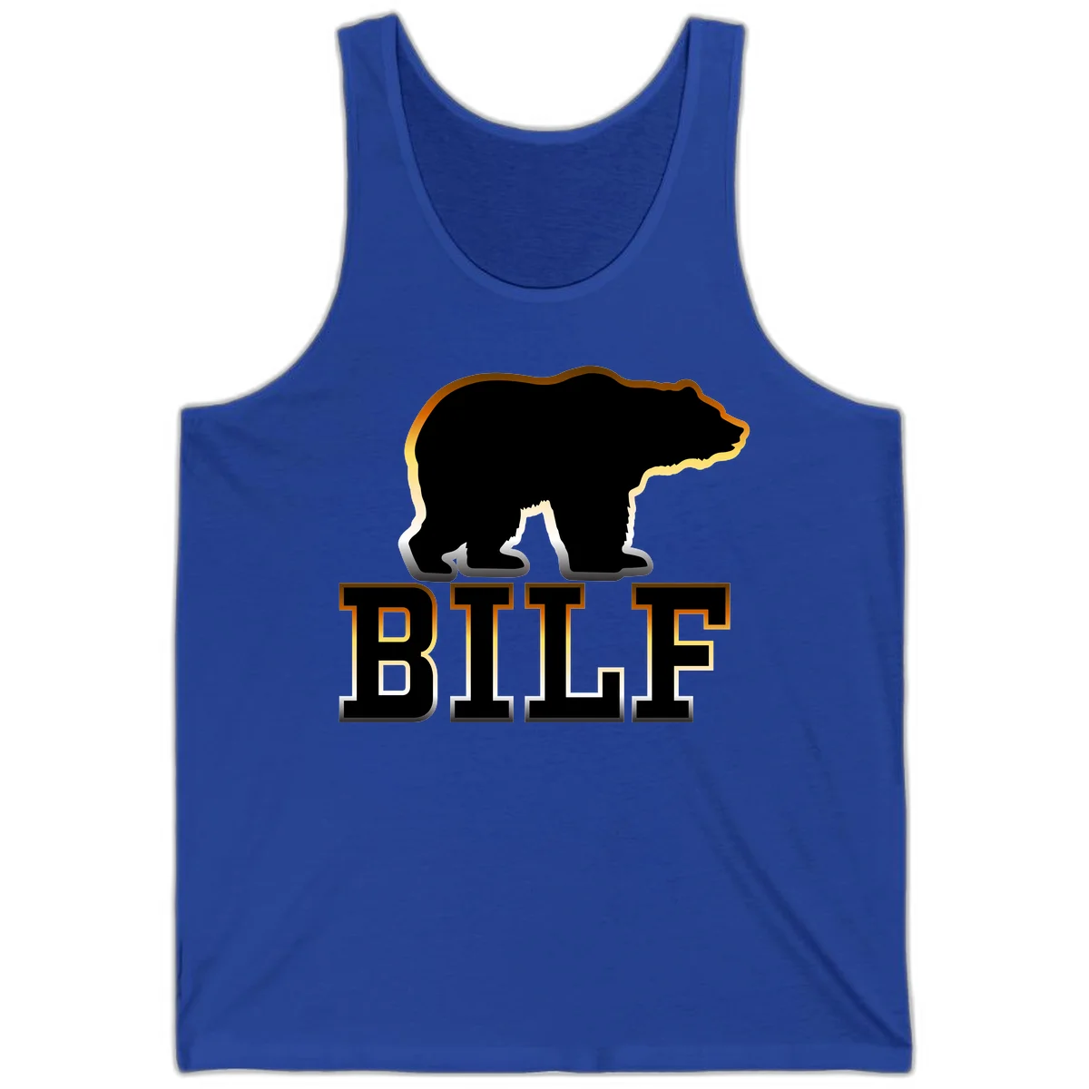 Black bear silhouette with golden outline above the word BITE in bold lettering on gray background in True Royal