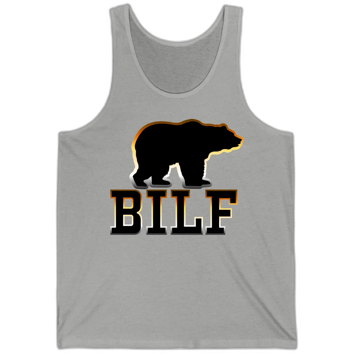 Black bear silhouette with golden outline above the word BITE in bold lettering on gray background in Athletic Heather