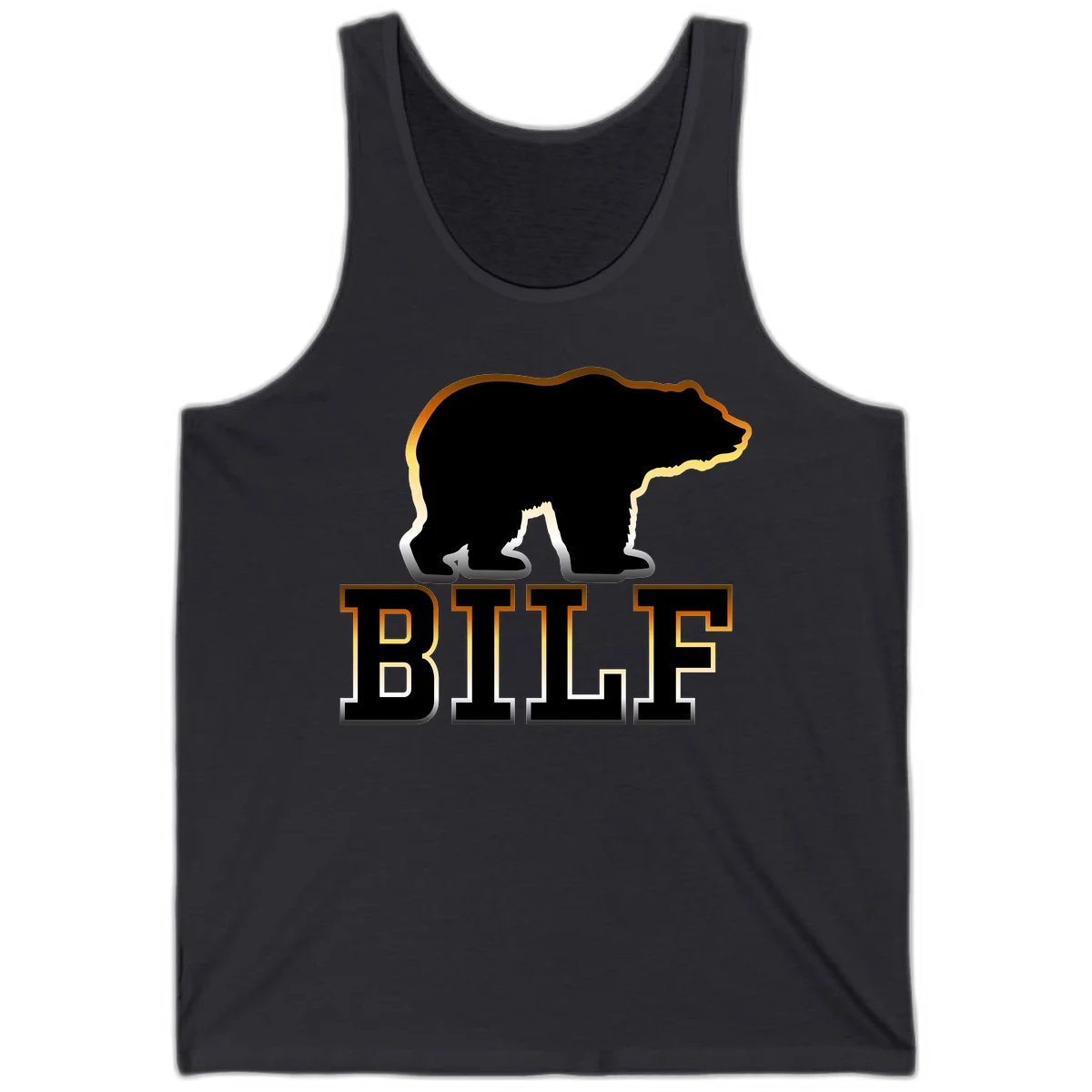 Black bear silhouette with golden outline above the word BITE in bold lettering on gray background in Dark Grey