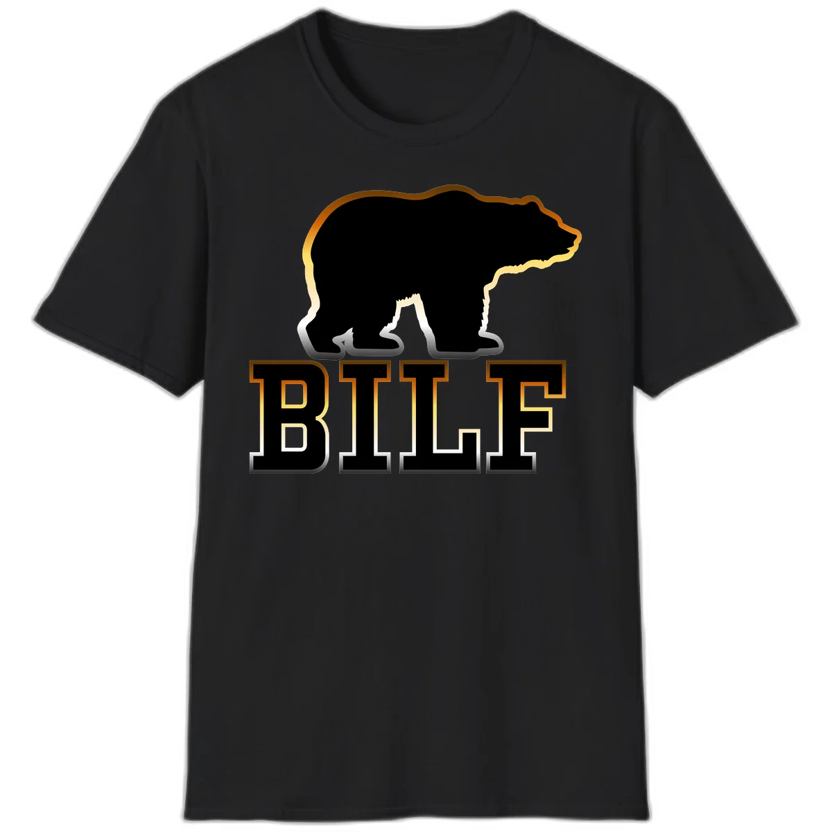 Black bear silhouette with golden outline above the word BITE in bold lettering on gray background in Black