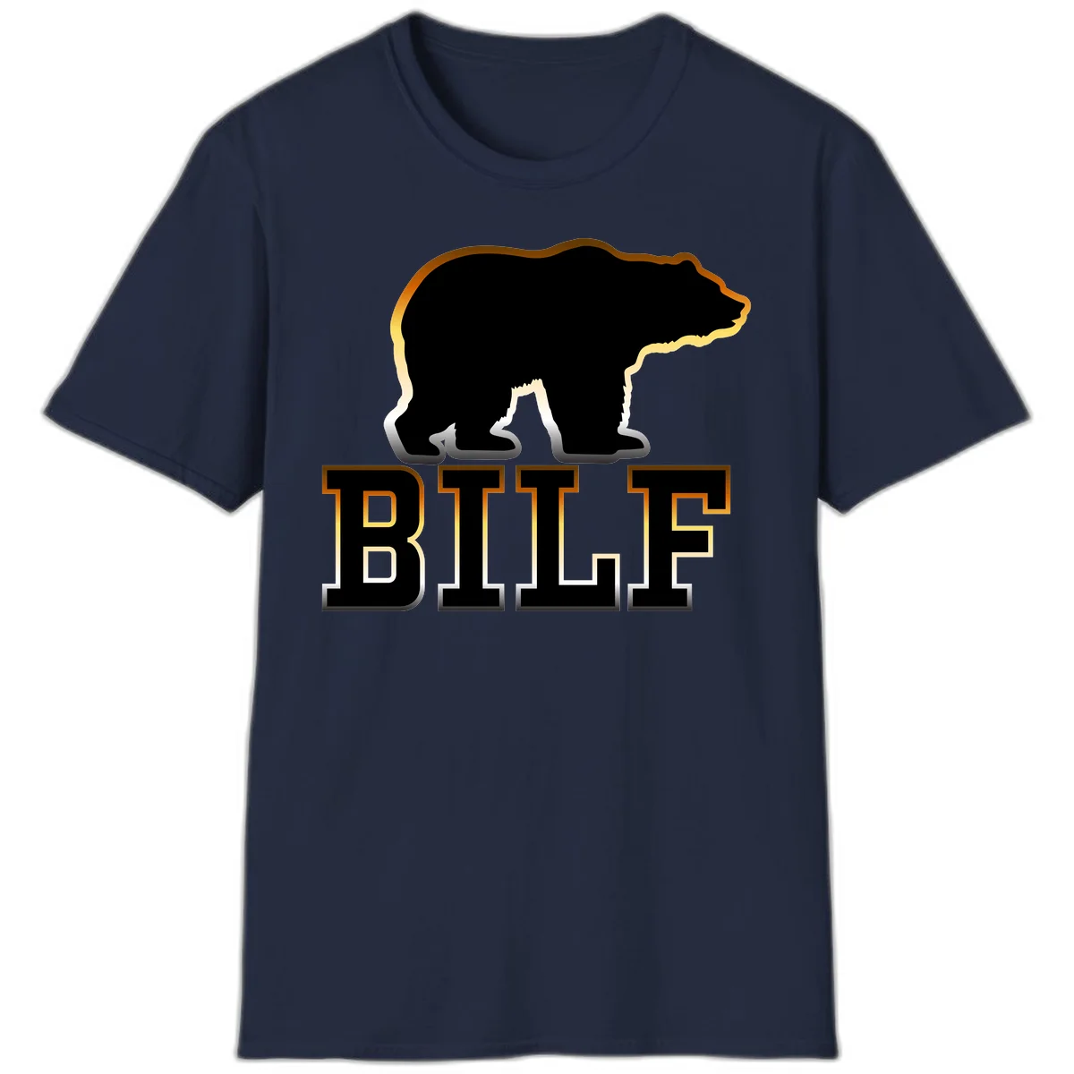 Black bear silhouette with golden outline above the word BITE in bold lettering on gray background in Navy