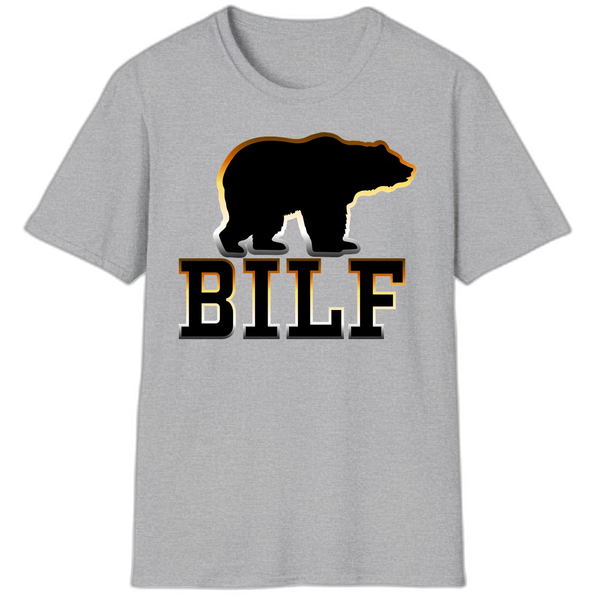 Black bear silhouette with golden outline above the word BITE in bold lettering on gray background in Sport Grey