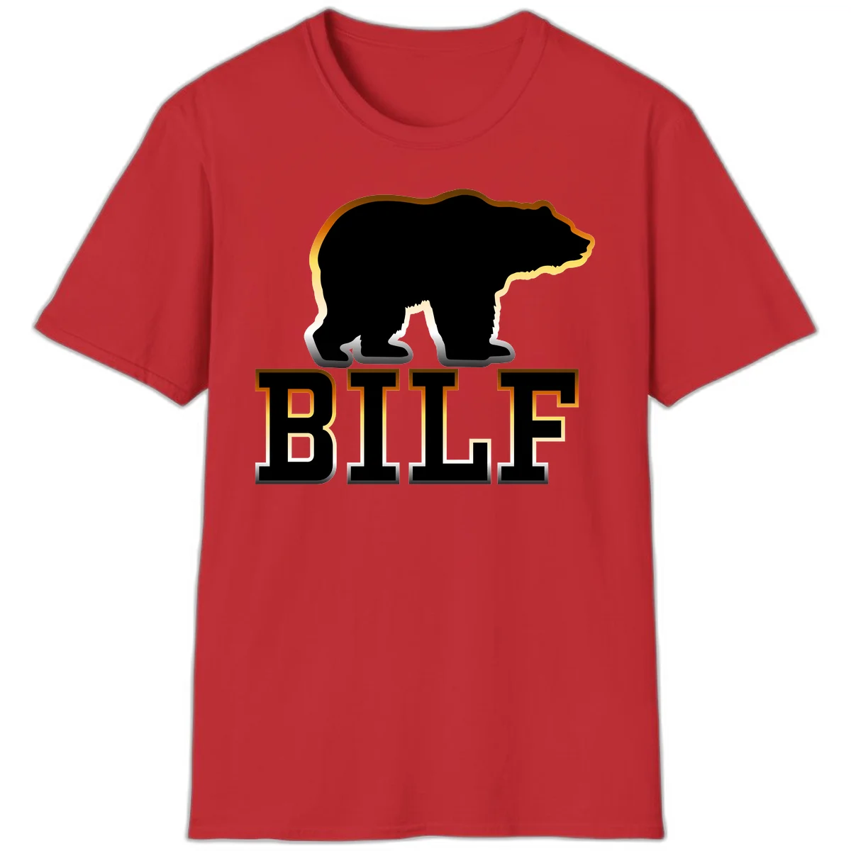 Black bear silhouette with golden outline above the word BITE in bold lettering on gray background in Red