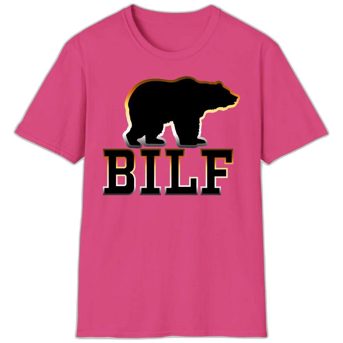 Black bear silhouette with golden outline above the word BITE in bold lettering on gray background in Heliconia