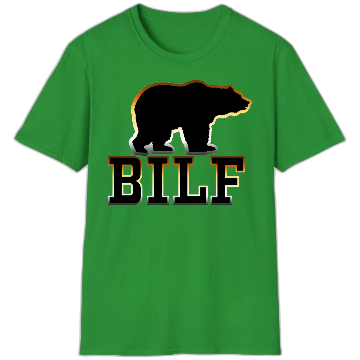 Black bear silhouette with golden outline above the word BITE in bold lettering on gray background in Irish Green