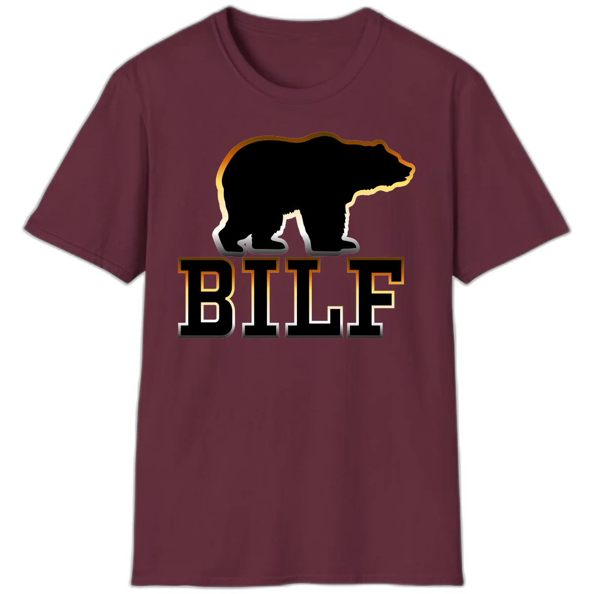 Black bear silhouette with golden outline above the word BITE in bold lettering on gray background in Maroon