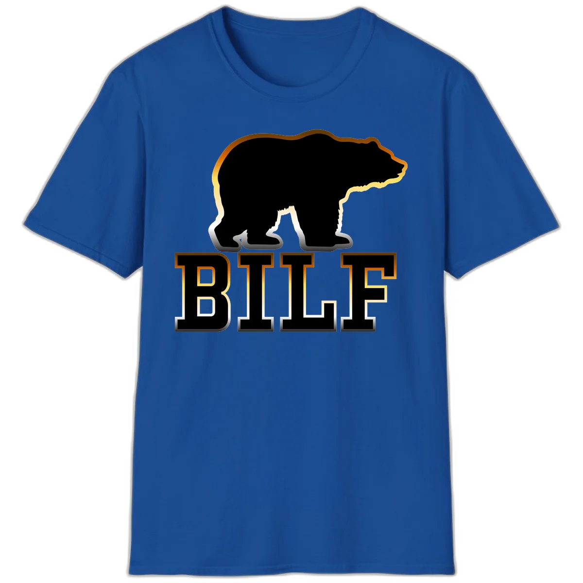 Black bear silhouette with golden outline above the word BITE in bold lettering on gray background in Royal