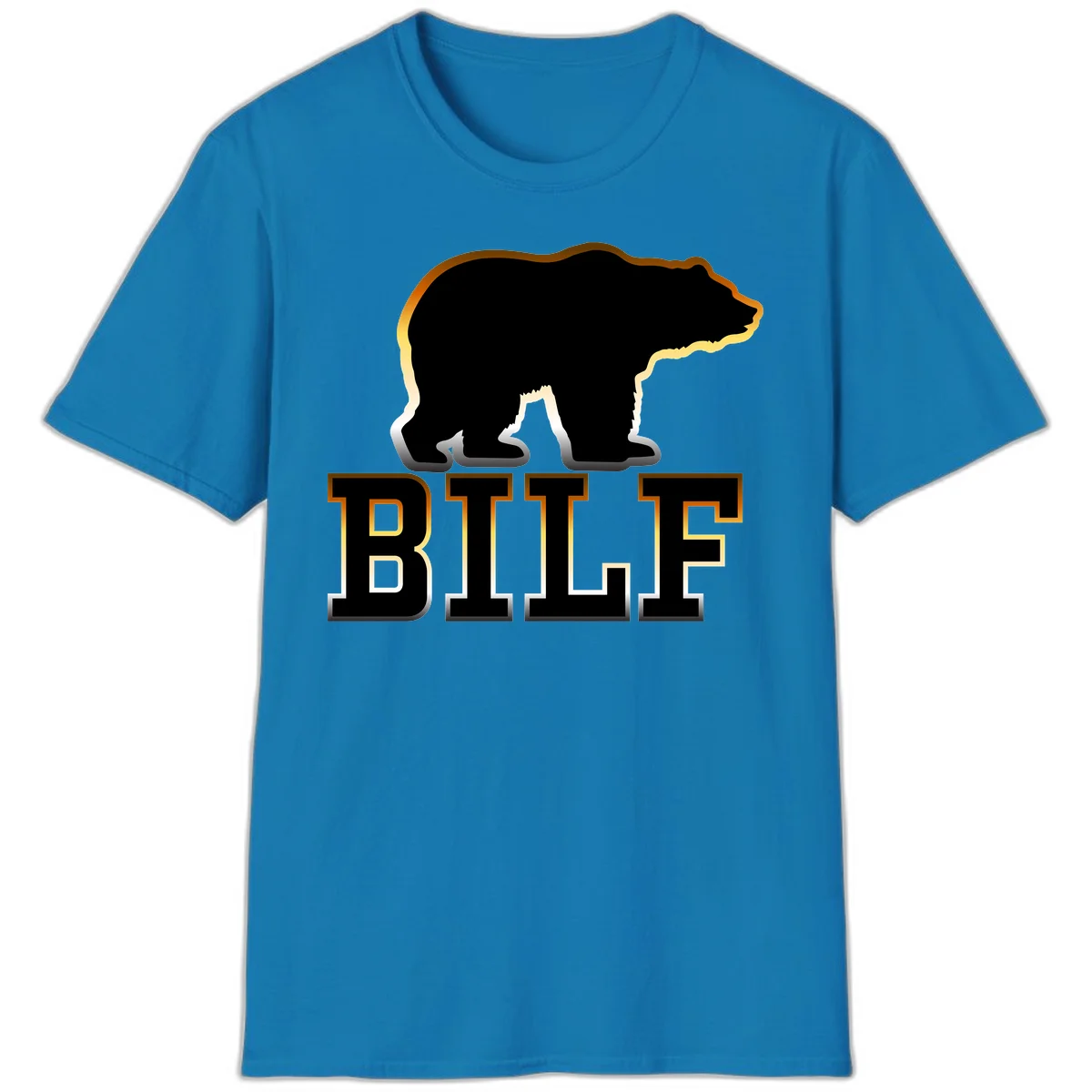 Black bear silhouette with golden outline above the word BITE in bold lettering on gray background in Sapphire