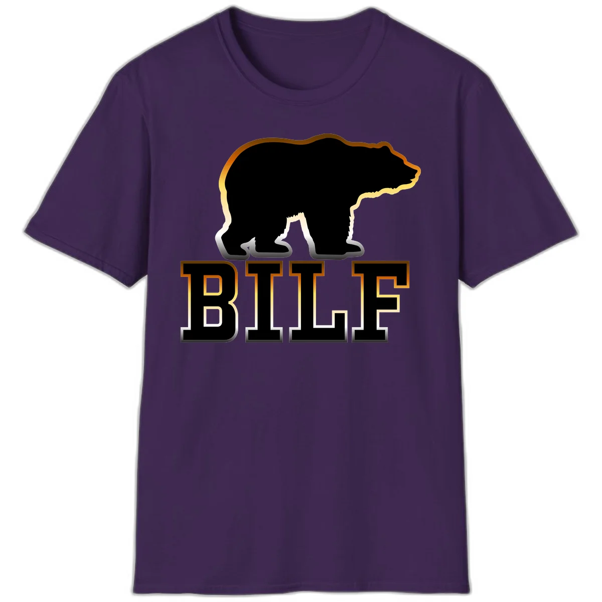 Black bear silhouette with golden outline above the word BITE in bold lettering on gray background in Purple