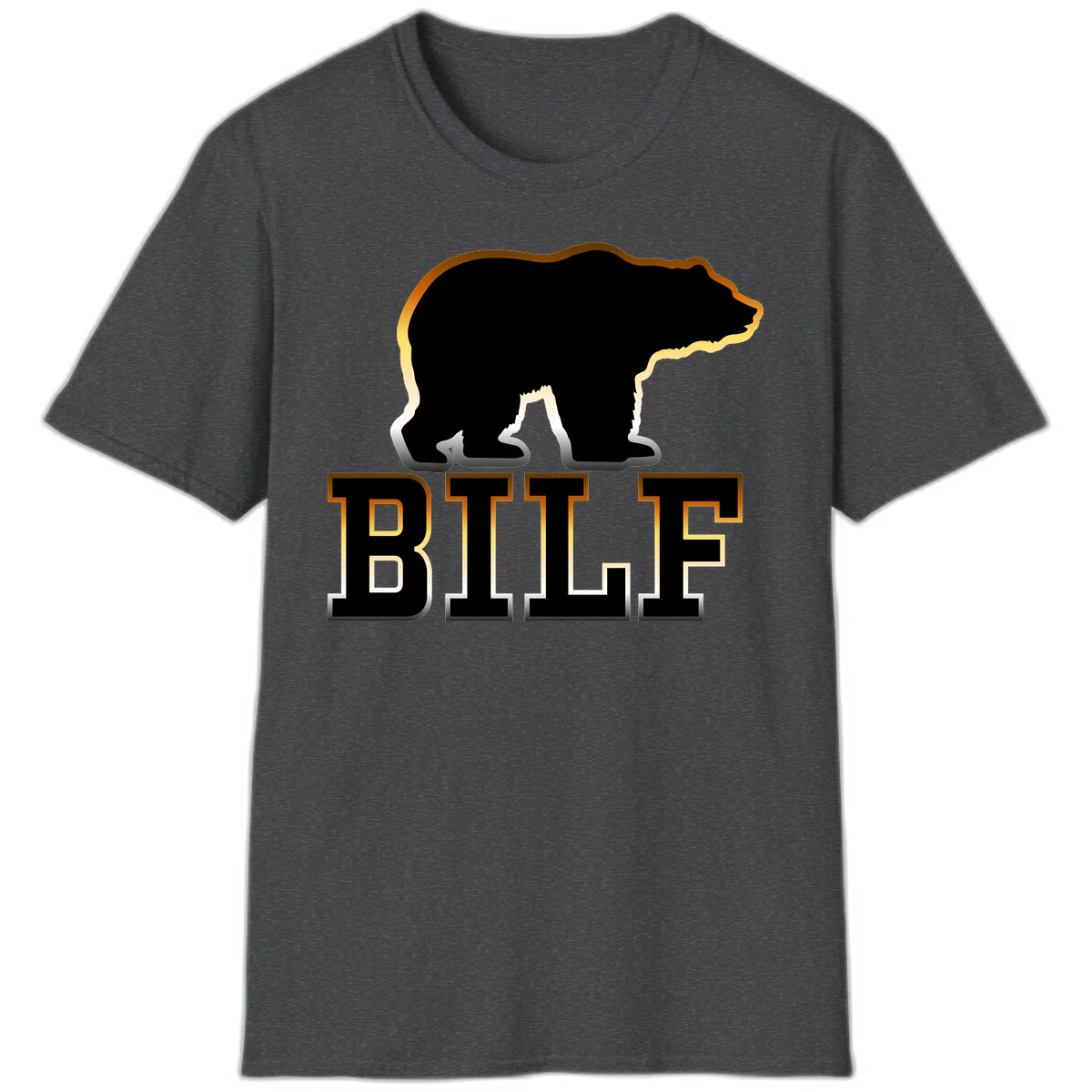 Black bear silhouette with golden outline above the word BITE in bold lettering on gray background in Dark Heather
