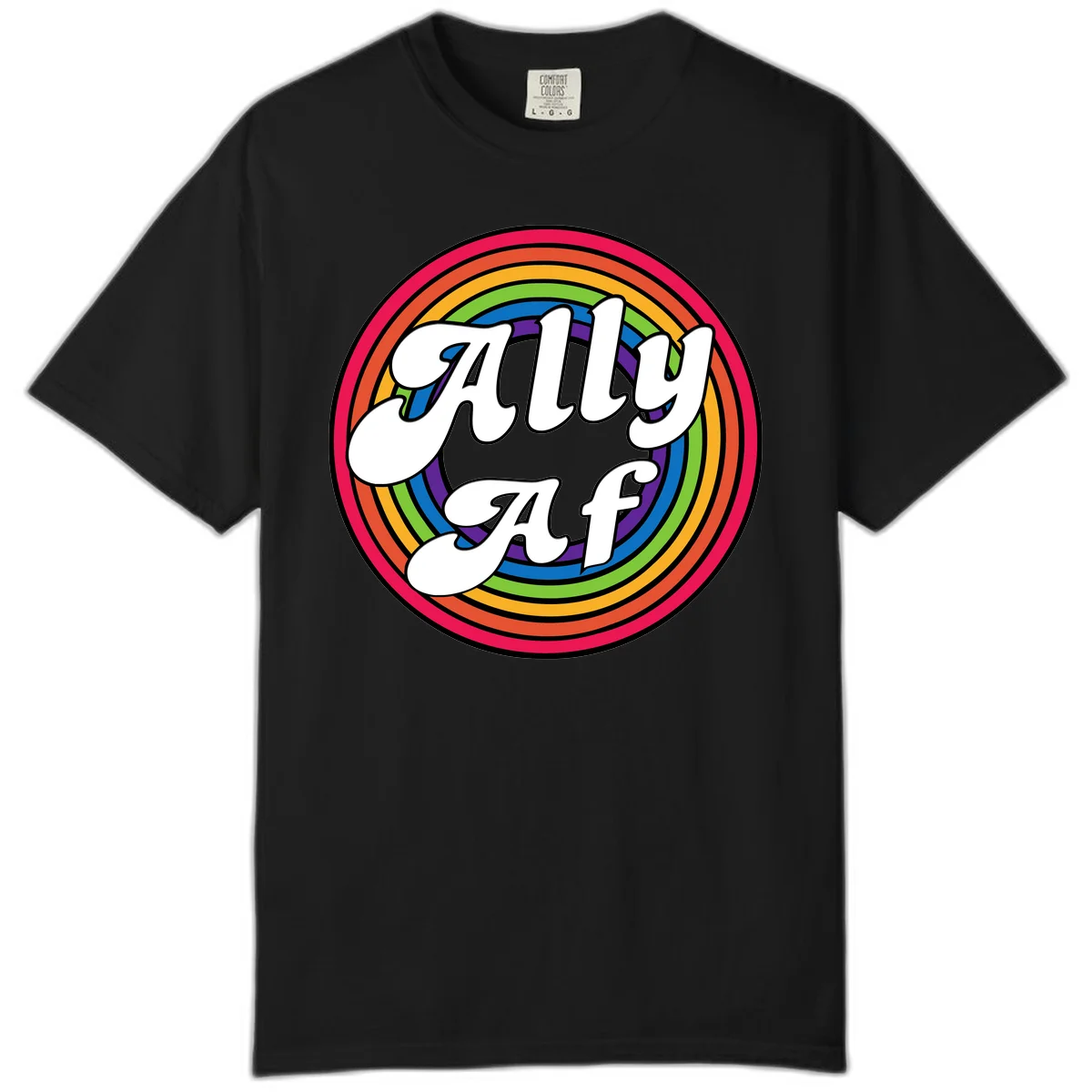 Ally AF pride design with white text surrounded by concentric rainbow circles in full spectrum colors in Black