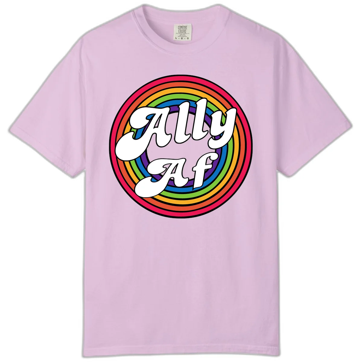 Ally AF pride design with white text surrounded by concentric rainbow circles in full spectrum colors in Orchid