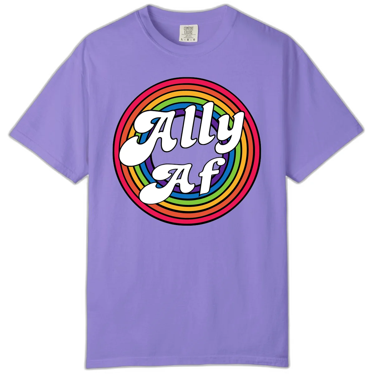 Ally AF pride design with white text surrounded by concentric rainbow circles in full spectrum colors in Violet