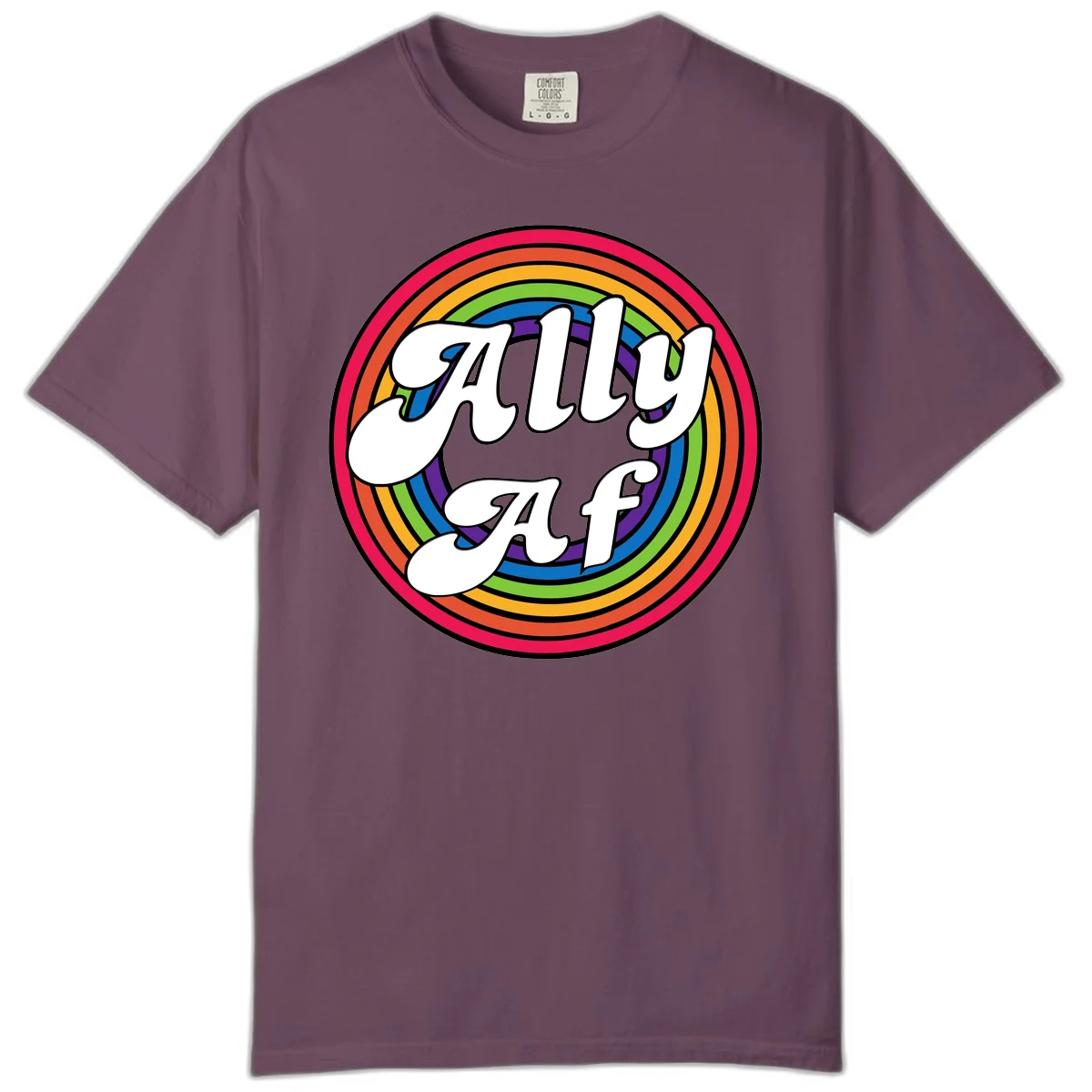 Ally AF pride design with white text surrounded by concentric rainbow circles in full spectrum colors in Berry