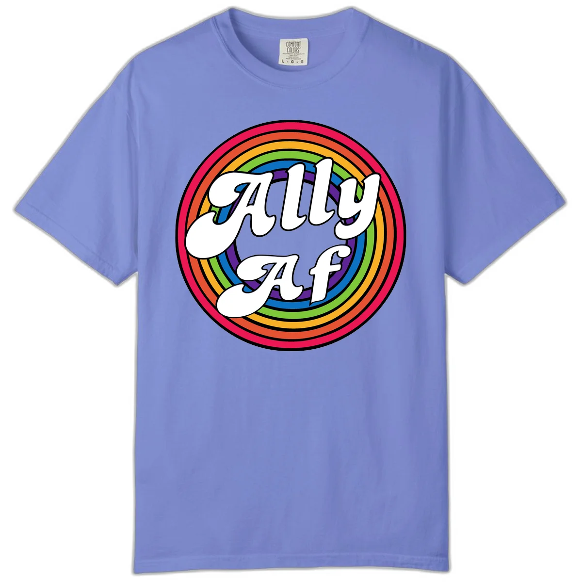 Ally AF pride design with white text surrounded by concentric rainbow circles in full spectrum colors in Flo Blue