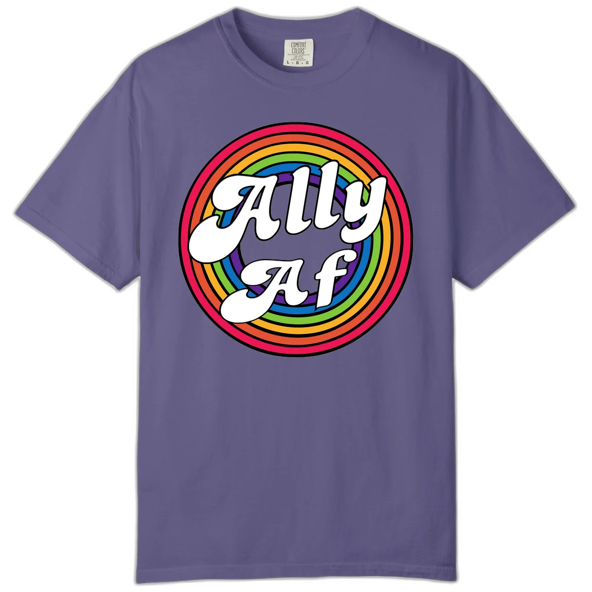 Ally AF pride design with white text surrounded by concentric rainbow circles in full spectrum colors in Grape
