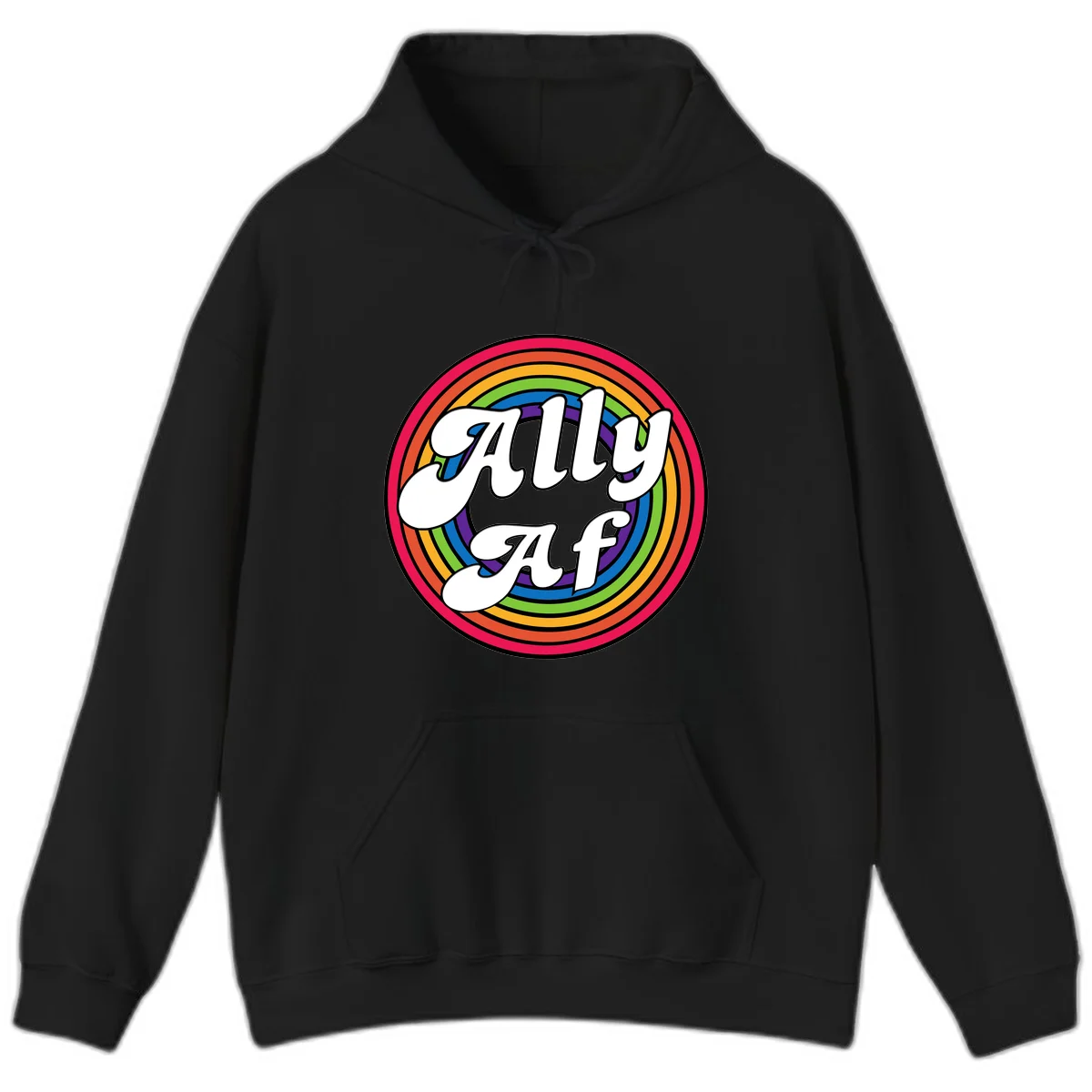 Ally AF pride design with white text surrounded by concentric rainbow circles in full spectrum colors in Black