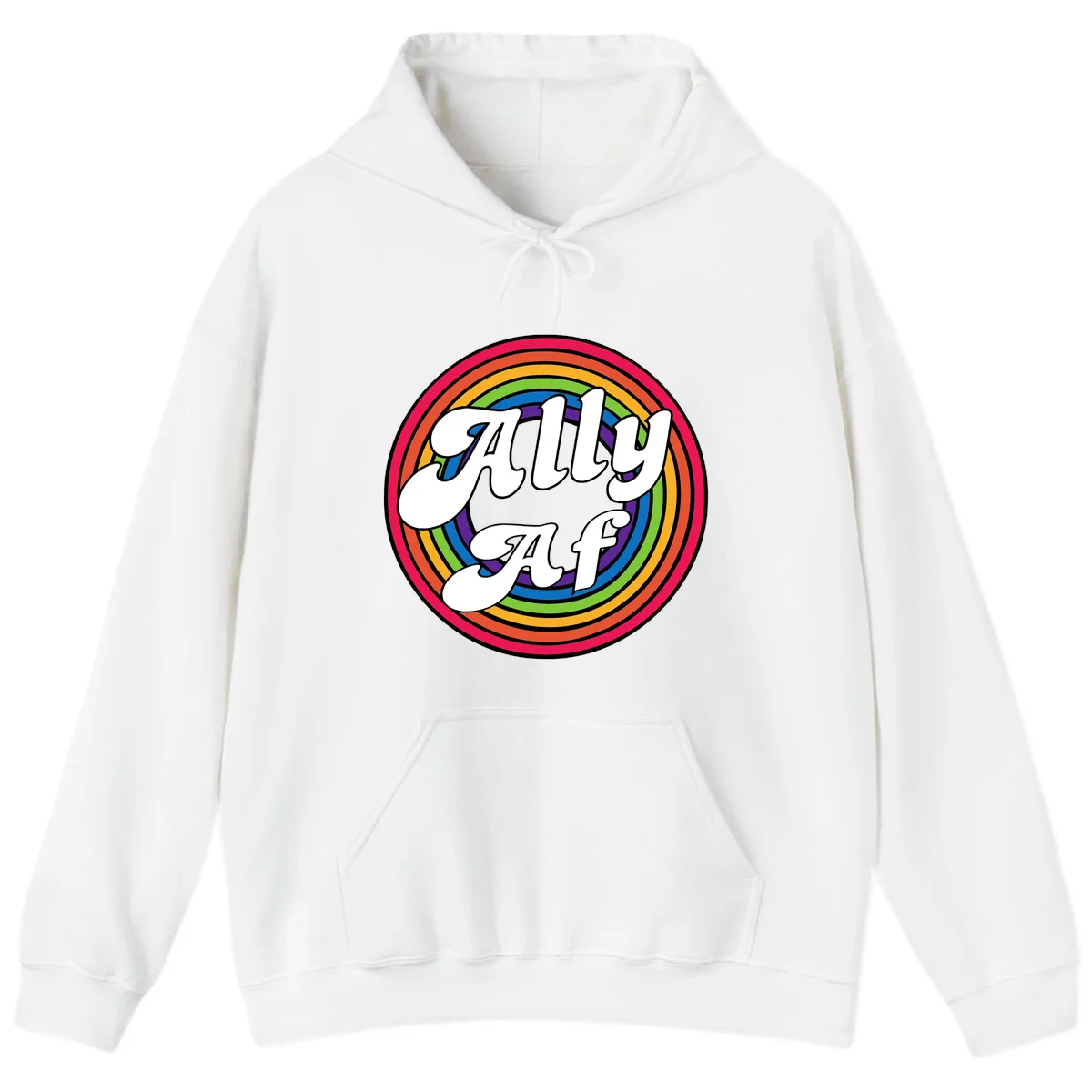 Ally AF pride design with white text surrounded by concentric rainbow circles in full spectrum colors in White