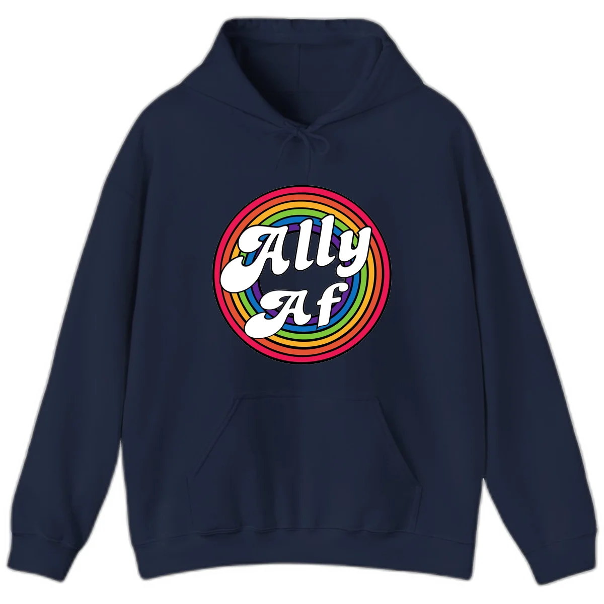 Ally AF pride design with white text surrounded by concentric rainbow circles in full spectrum colors in Navy