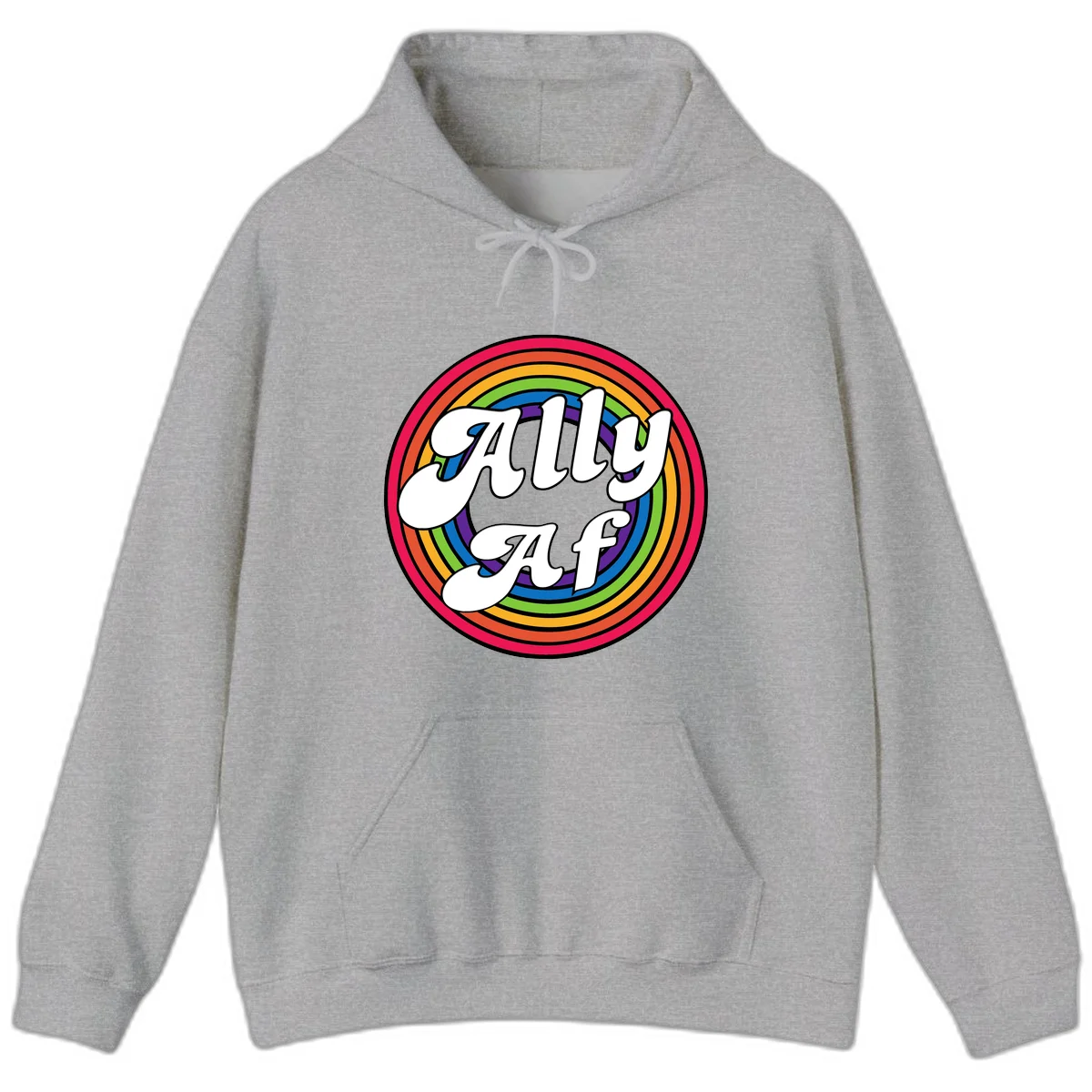 Ally AF pride design with white text surrounded by concentric rainbow circles in full spectrum colors in Sport Grey