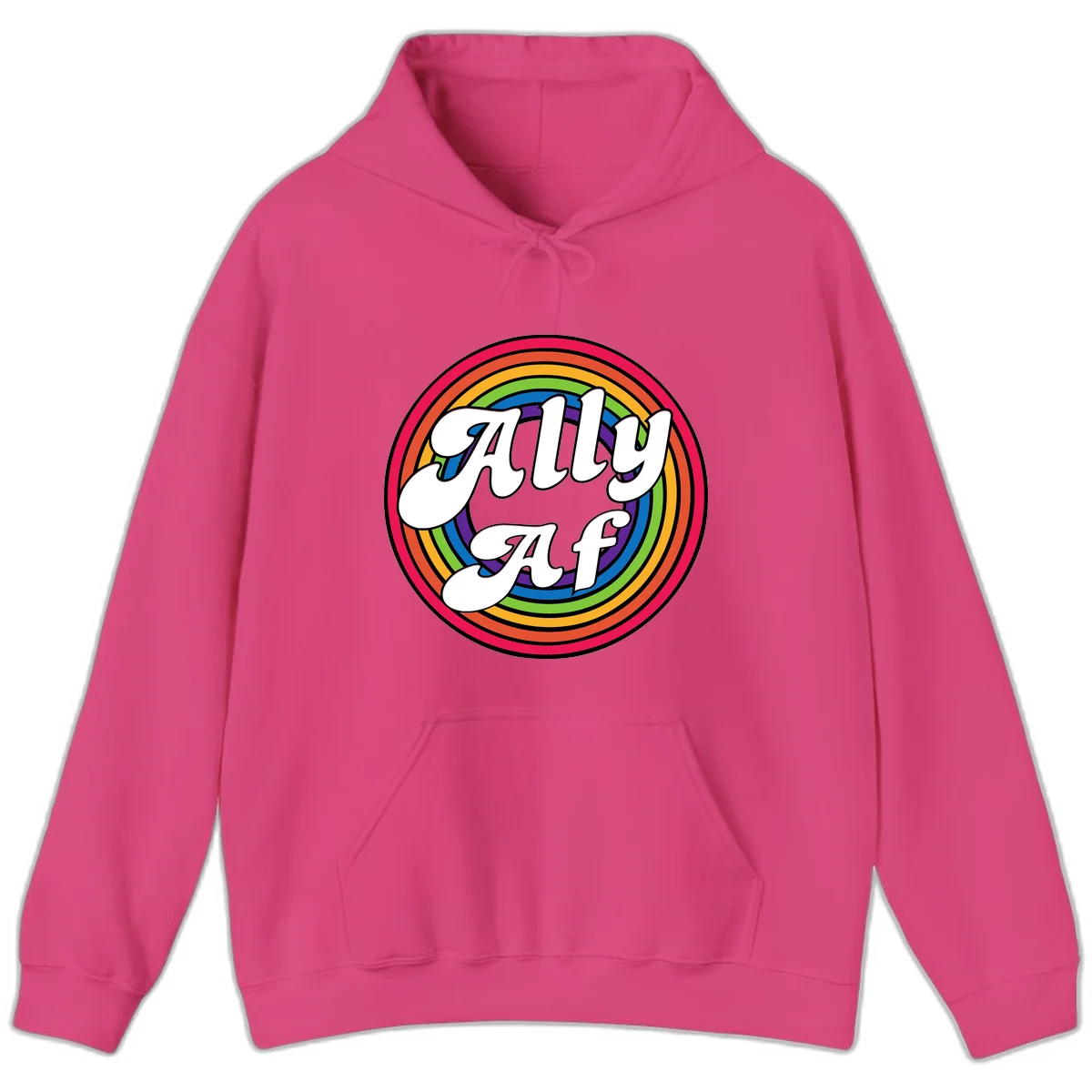 Ally AF pride design with white text surrounded by concentric rainbow circles in full spectrum colors in Heliconia