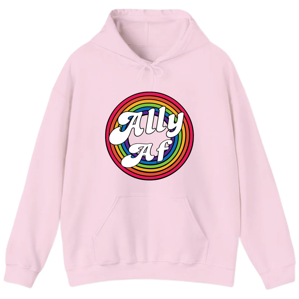 Ally AF pride design with white text surrounded by concentric rainbow circles in full spectrum colors in Light Pink