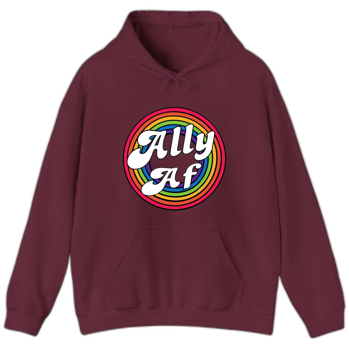 Ally AF pride design with white text surrounded by concentric rainbow circles in full spectrum colors in Maroon