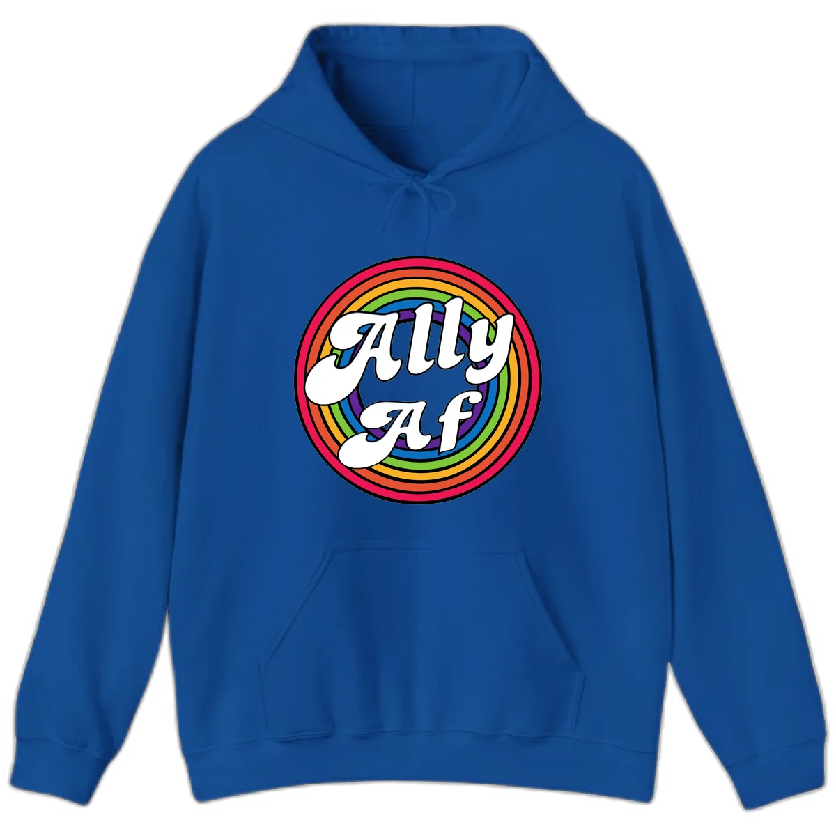 Ally AF pride design with white text surrounded by concentric rainbow circles in full spectrum colors in Royal