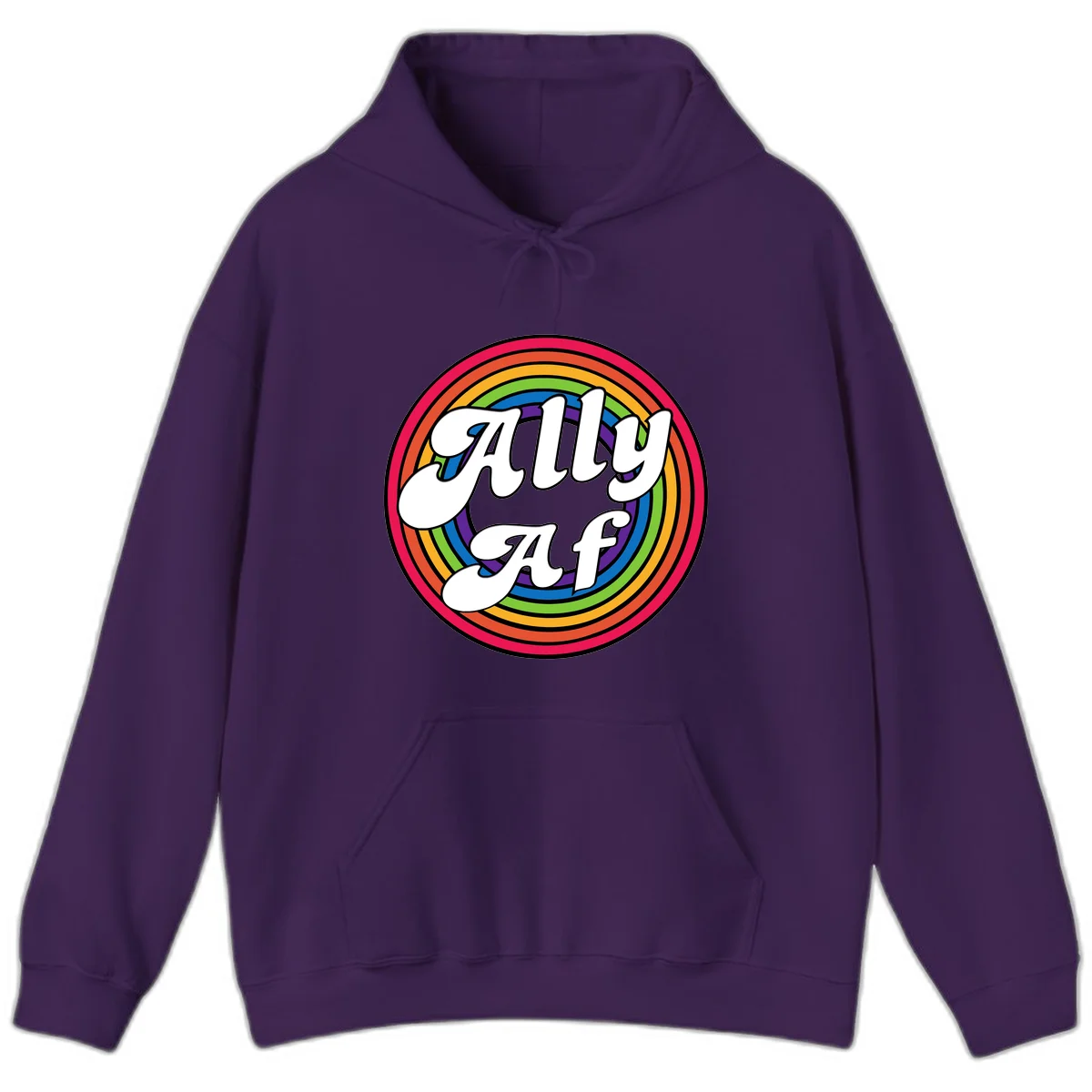 Ally AF pride design with white text surrounded by concentric rainbow circles in full spectrum colors in Purple
