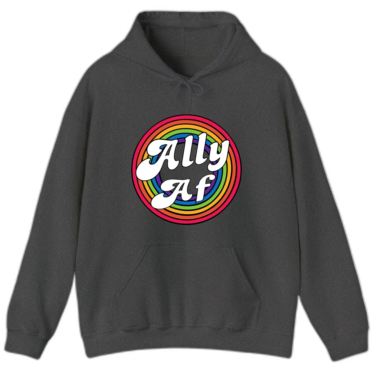 Ally AF pride design with white text surrounded by concentric rainbow circles in full spectrum colors in Dark Heather