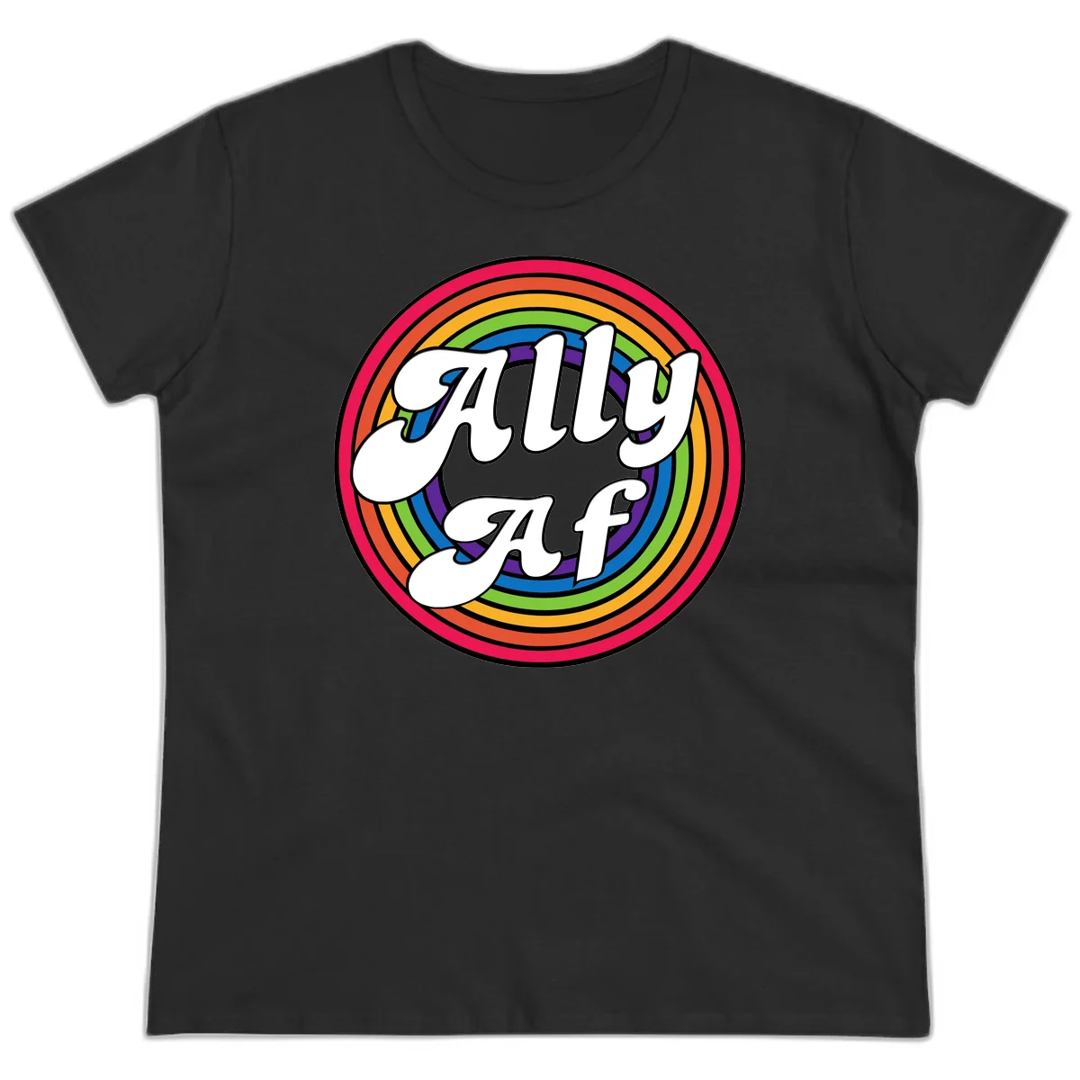 Ally AF pride design with white text surrounded by concentric rainbow circles in full spectrum colors in Black