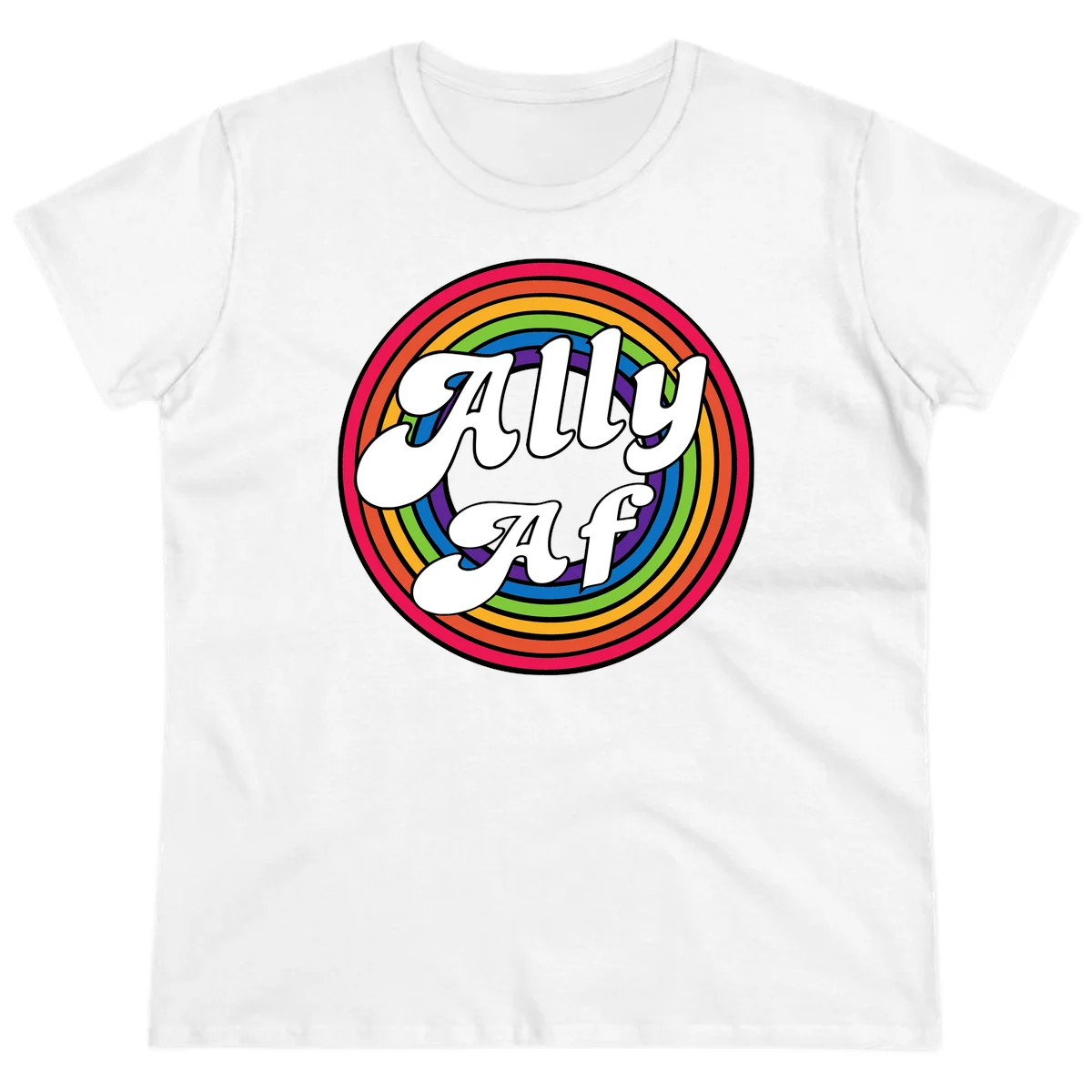 Ally AF pride design with white text surrounded by concentric rainbow circles in full spectrum colors in White